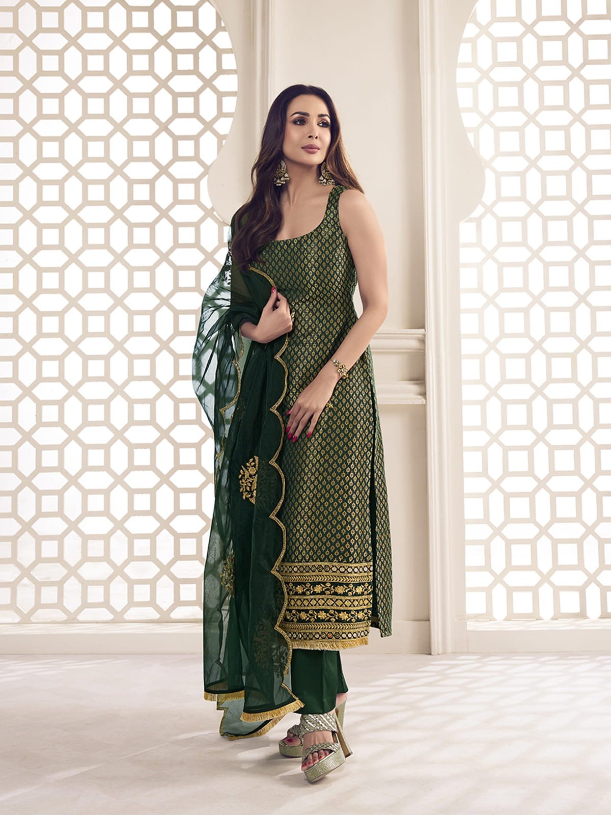 Malaika Arora Bottle Green Zari Woven Embroidered Stright Kurta Set - Inddus.in