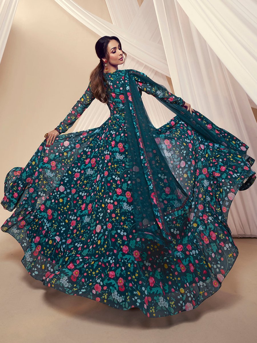 Malaika Arora Floral Printed and Thread Embroidered Lace Kurta with Dupatta - Inddus.in