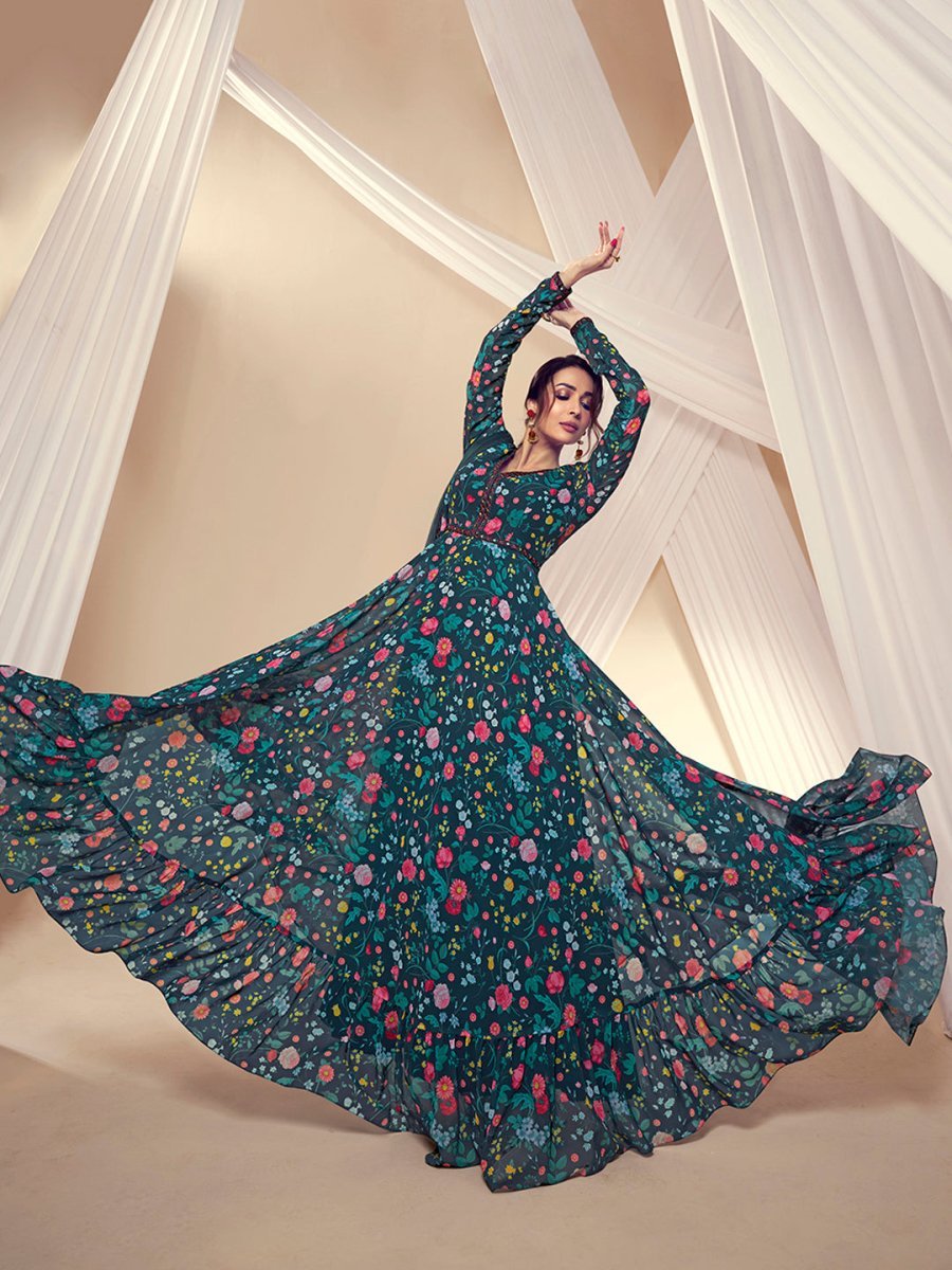 Malaika Arora Floral Printed and Thread Embroidered Lace Kurta with Dupatta - Inddus.in