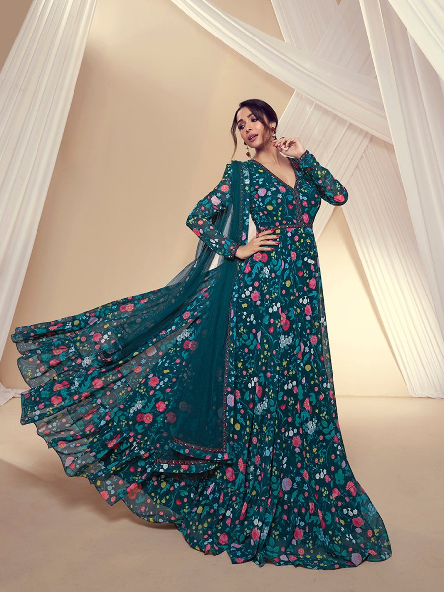 Malaika Arora Floral Printed and Thread Embroidered Lace Kurta with Dupatta - Inddus.in