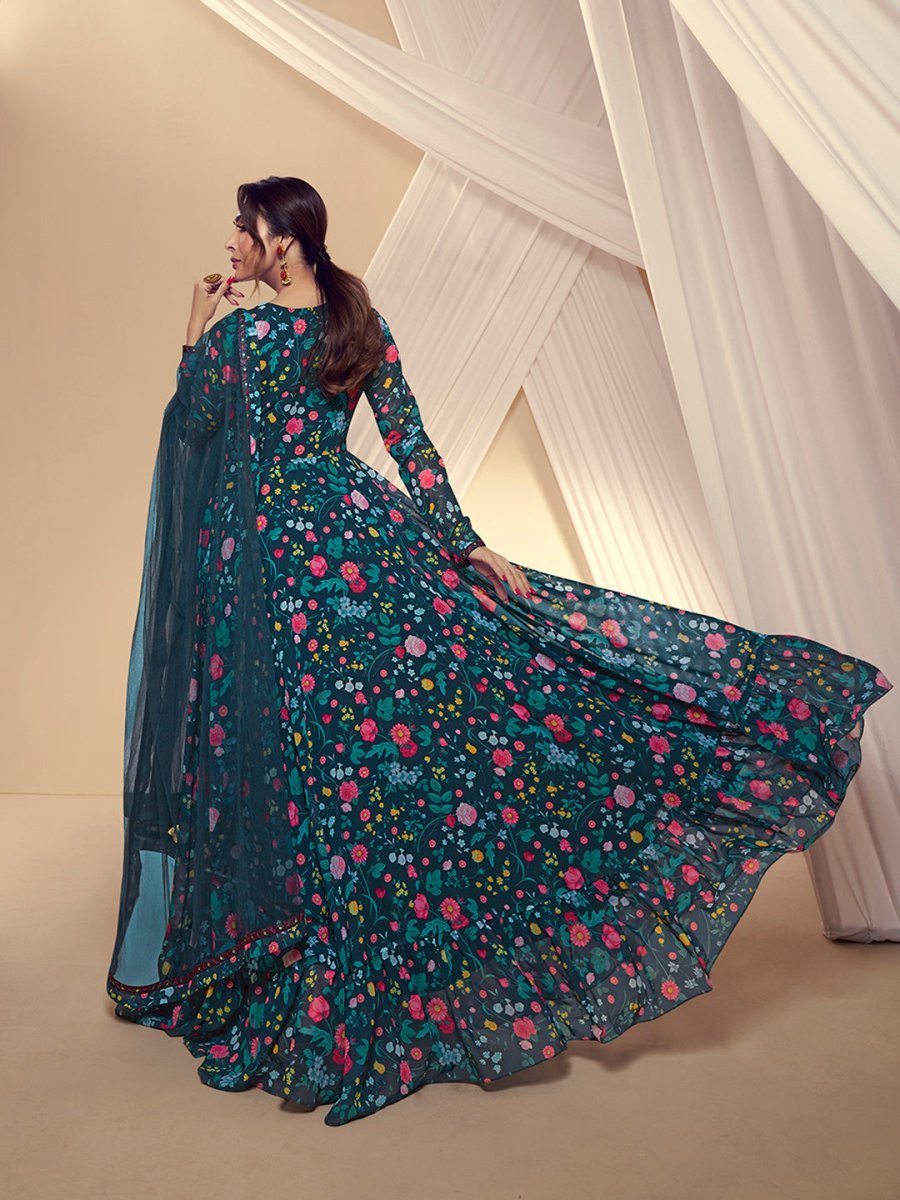 Malaika Arora Floral Printed and Thread Embroidered Lace Kurta with Dupatta - Inddus.in