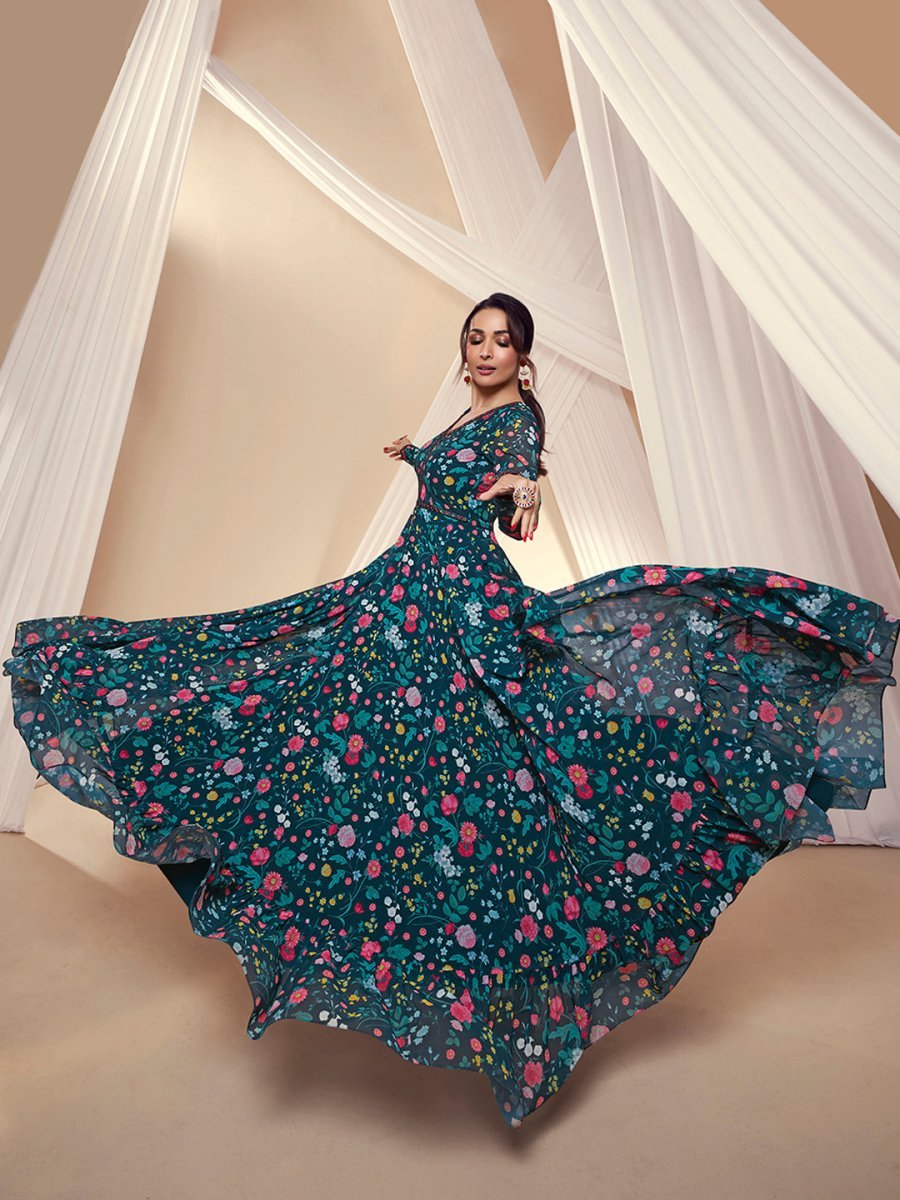 Malaika Arora Floral Printed and Thread Embroidered Lace Kurta with Dupatta - Inddus.in