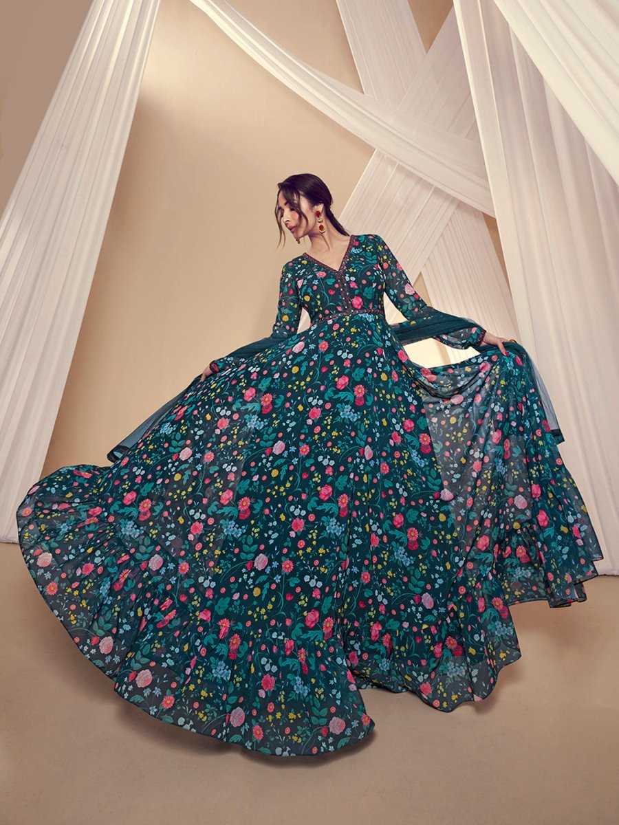 Malaika Arora Floral Printed and Thread Embroidered Lace Kurta with Dupatta - Inddus.in