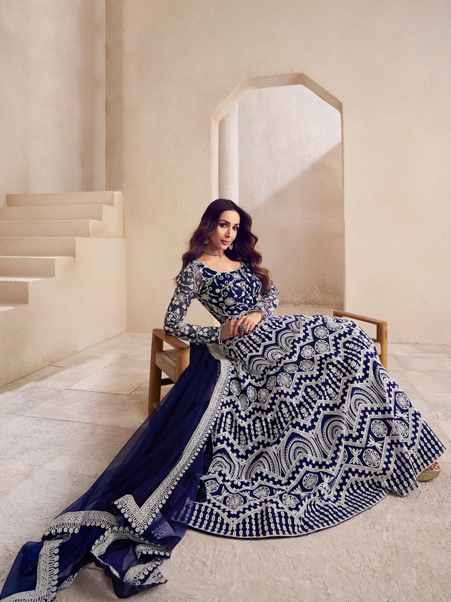 Malaika Arora Floral Thread Embroidered Anarkali Kurta with Dupatta - Inddus.in
