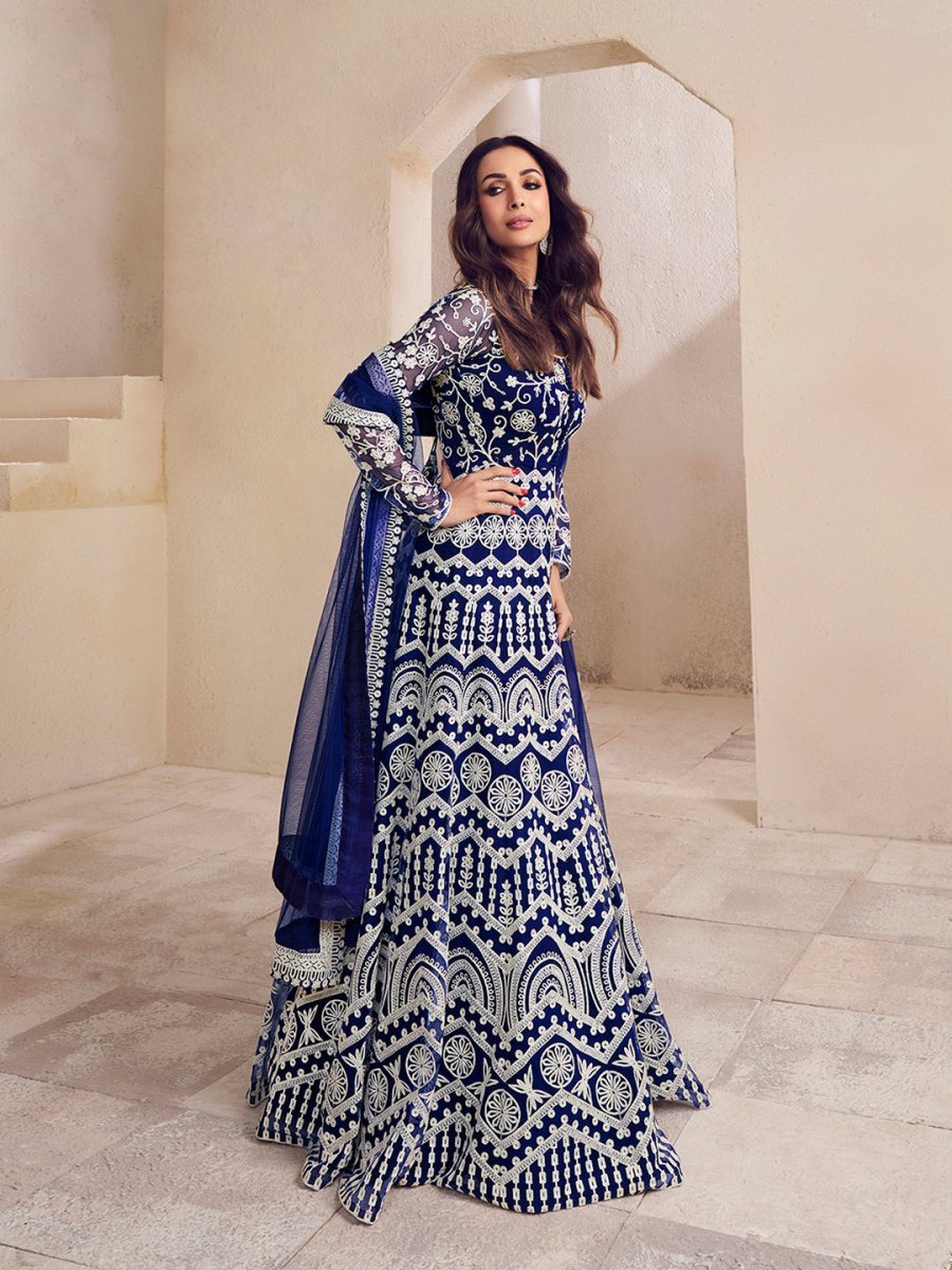 Malaika Arora Floral Thread Embroidered Anarkali Kurta with Dupatta - Inddus.in