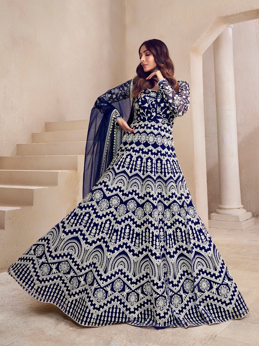 Malaika Arora Floral Thread Embroidered Anarkali Kurta with Dupatta - Inddus.in