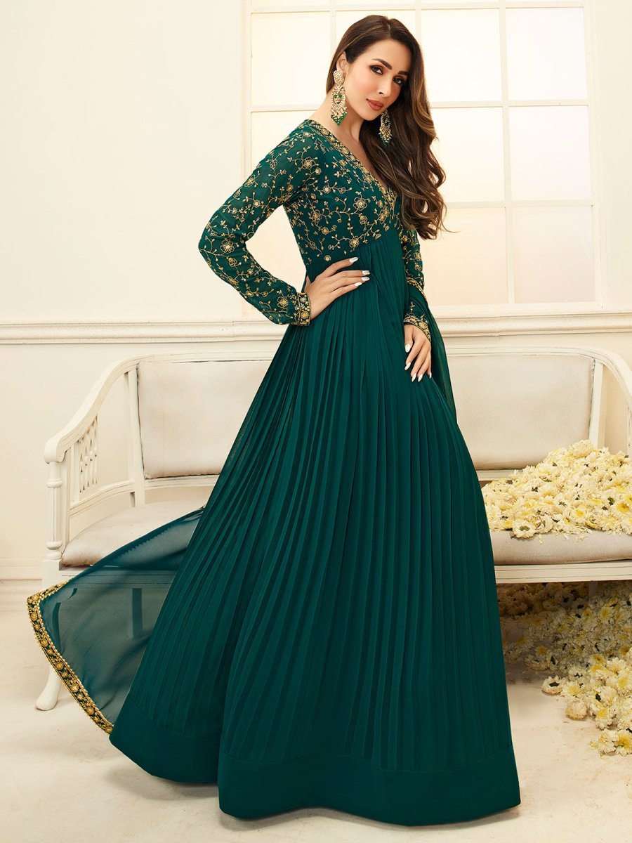Malaika Arora Green Floral Embroidered Anarkali Suit - Inddus.in