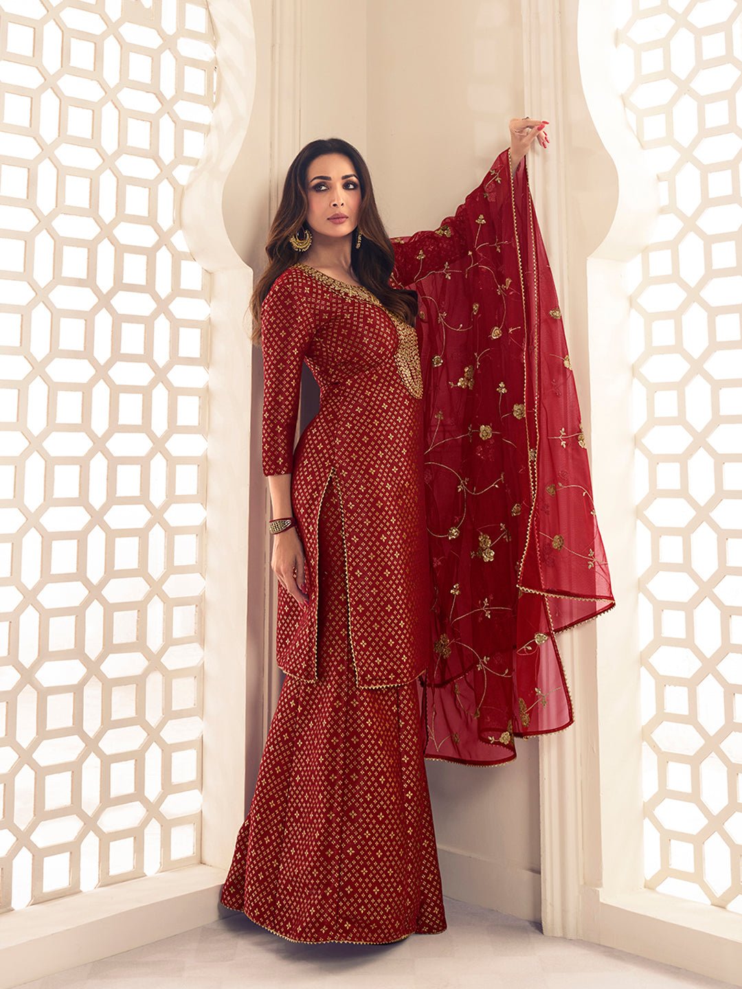 Malaika Arora Maroon Zari Woven Yoke Design Embroidered Stright Kurta Set - Inddus.in