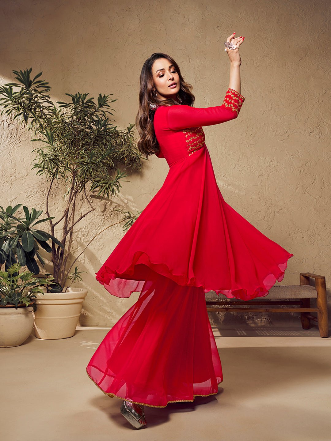 Malaika Arora Red Zari Embroidered Flared Kurta with Sharara - Inddus.in