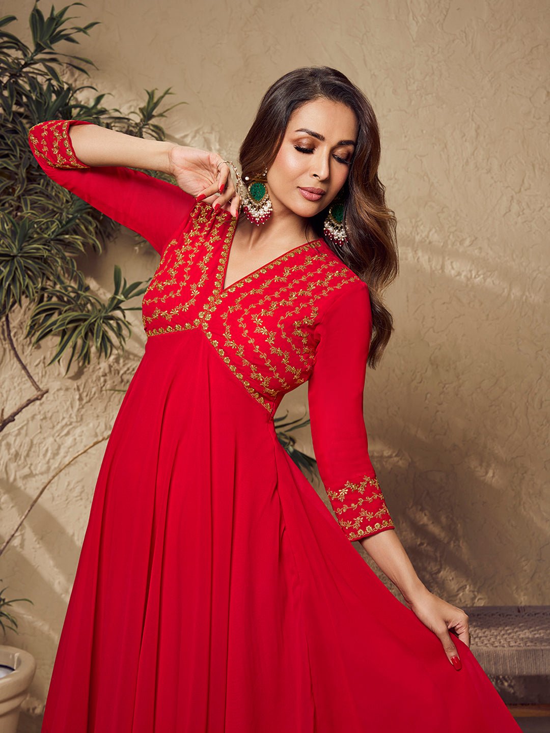 Malaika Arora Red Zari Embroidered Flared Kurta with Sharara - Inddus.in