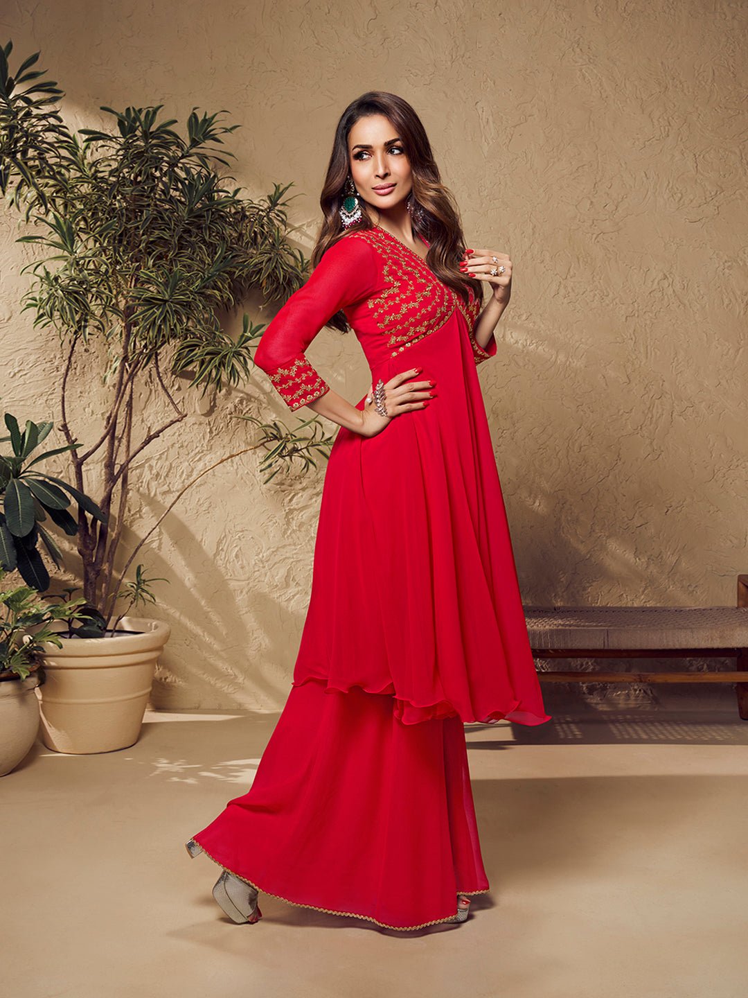 Malaika Arora Red Zari Embroidered Flared Kurta with Sharara - Inddus.in