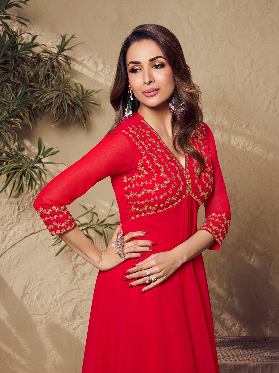Malaika Arora Red Zari Embroidered Flared Kurta with Sharara - Inddus.in