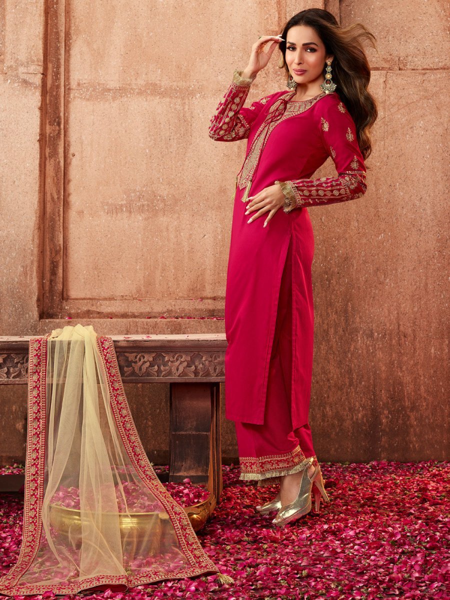 Malaika Arora Style Magenta & Gold Embroidered Kurta Suit - Inddus.in