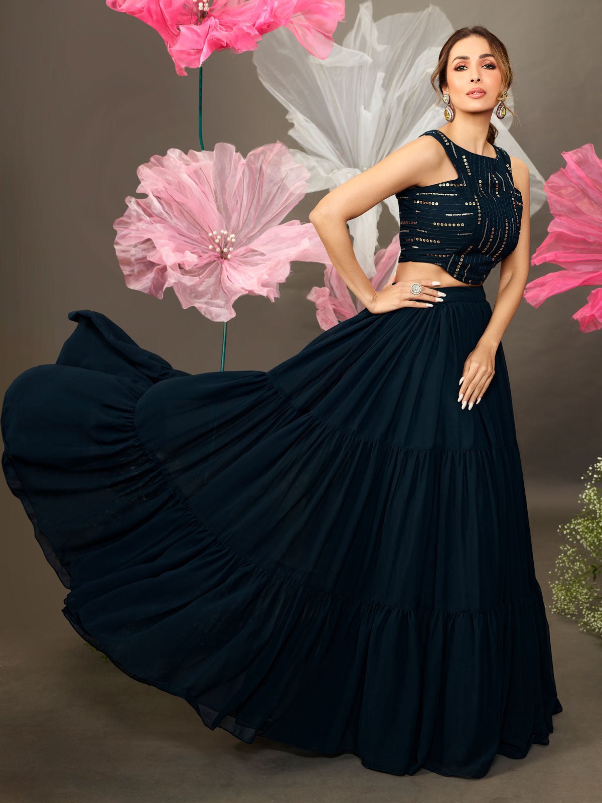 Malaika Arora Stylish Navy Blue Embellished Top with Solid Skirt - Inddus.in