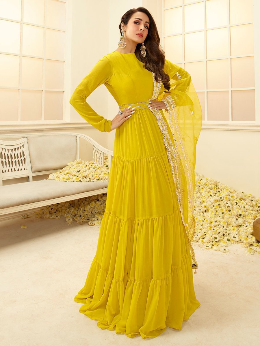 Malaika Arora Yellow Floral Thread Georgette Dupatta - Inddus.in