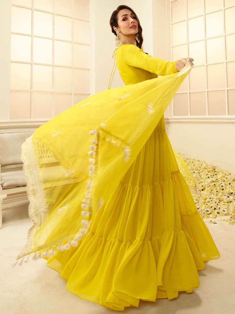 Malaika Arora Yellow Floral Thread Georgette Dupatta - Inddus.in