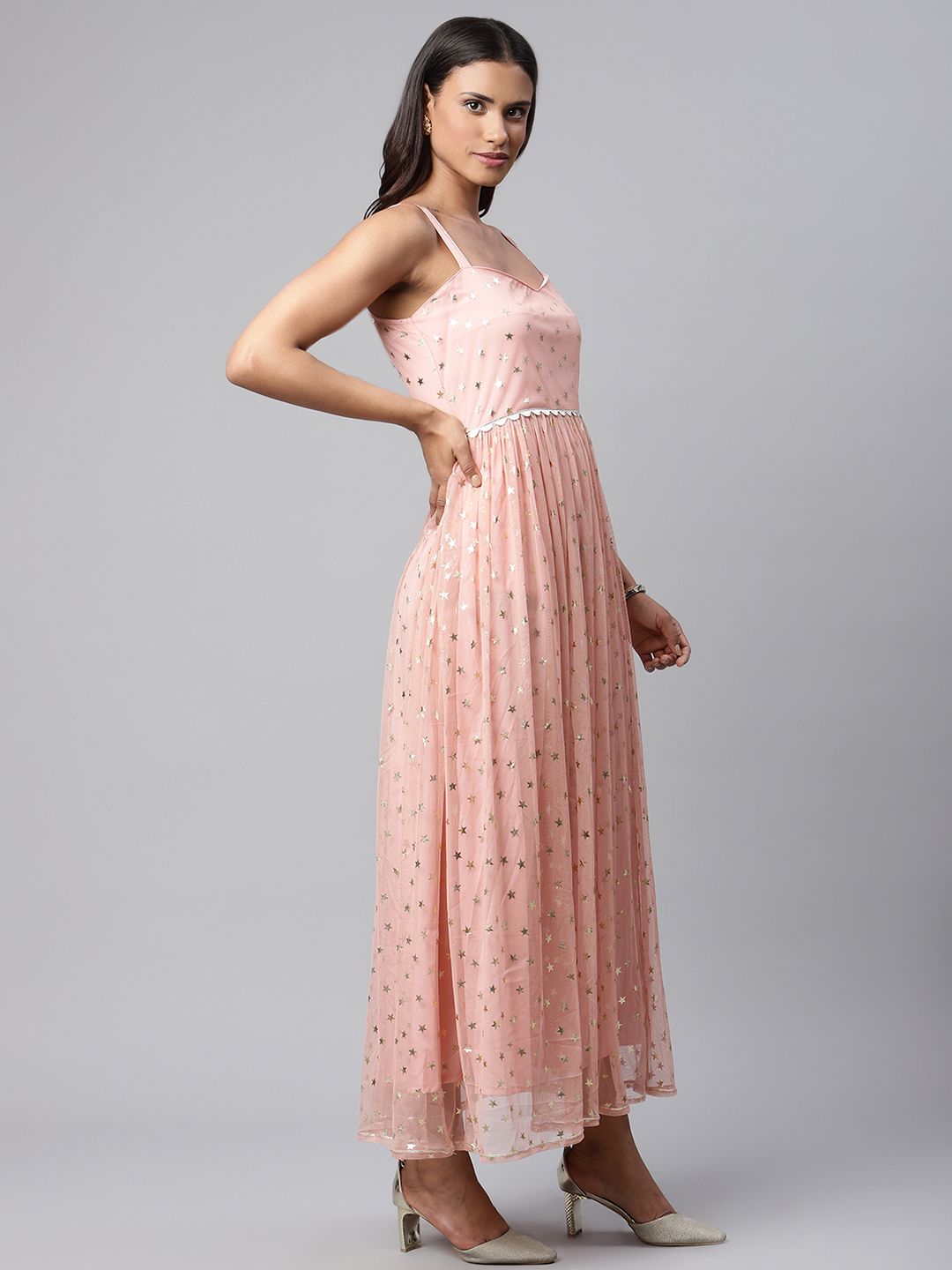 Pink Net Gold Foil Print Dress