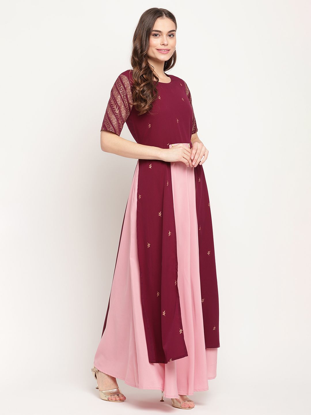Wine Crepe Glitter Print Dress