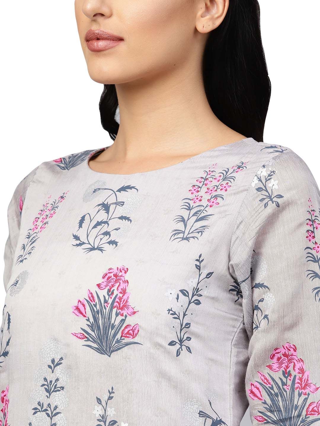 Grey Chanderi Silk Printed Kurta Pant Set