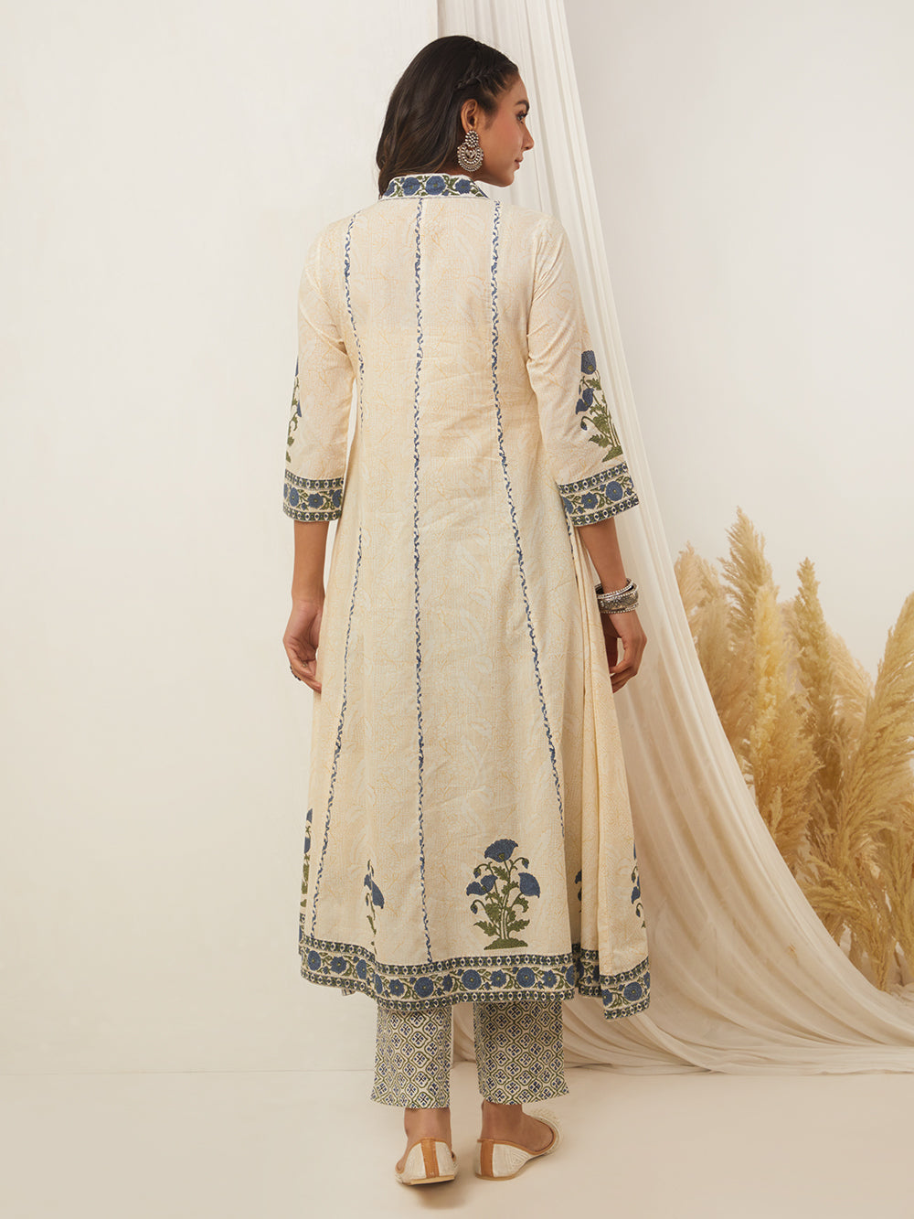 Off-White Blue Hand Block Printed Cotton Anarkali V-Neck Suit