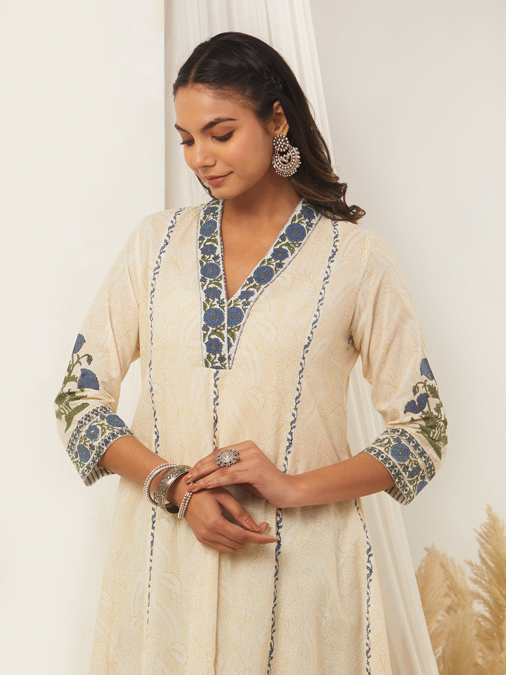 Off-White Blue Hand Block Printed Cotton Anarkali V-Neck Suit