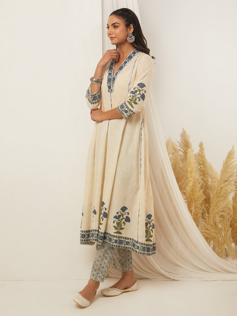 Off-White Blue Hand Block Printed Cotton Anarkali V-Neck Suit