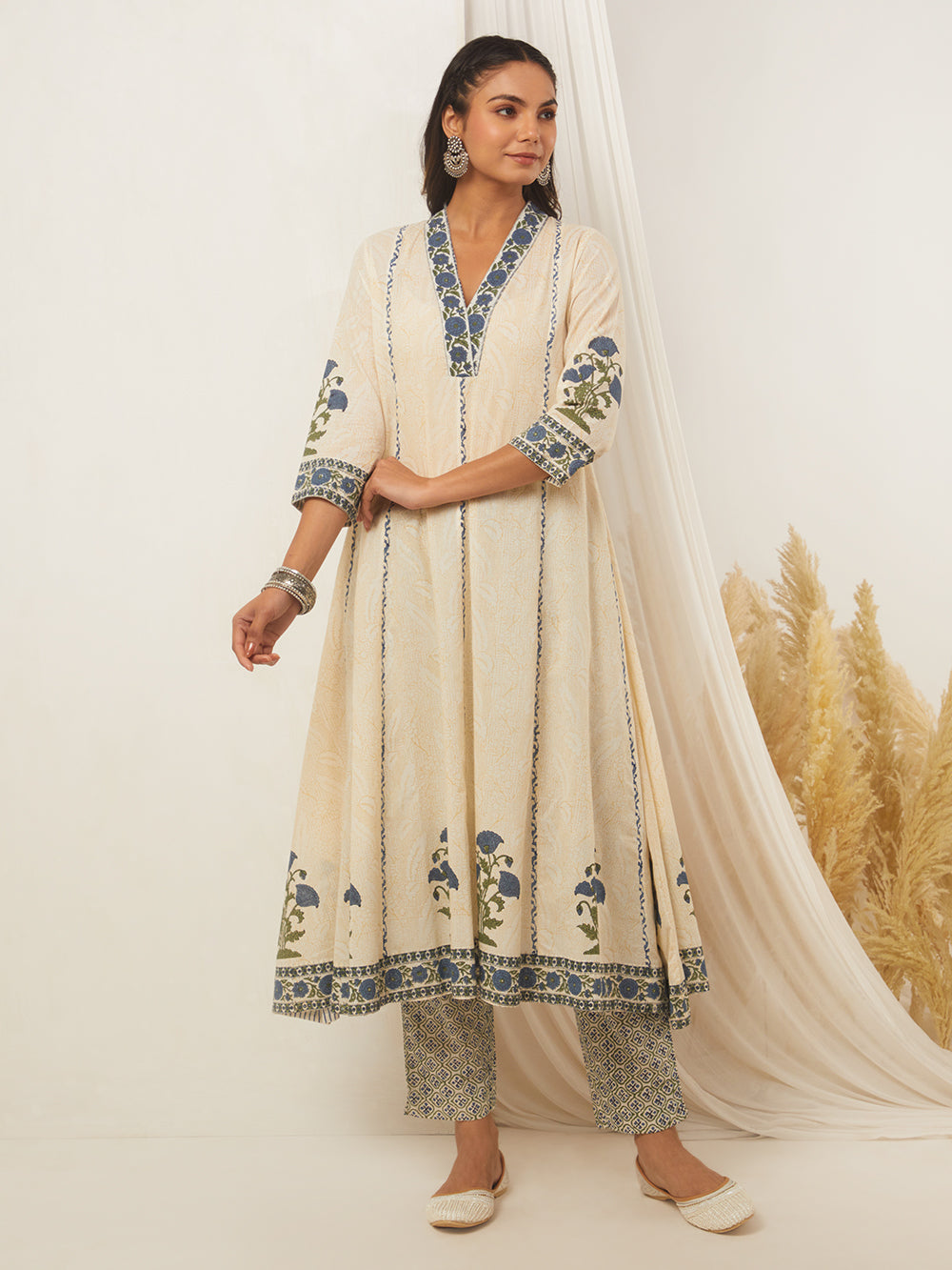 Off-White Blue Hand Block Printed Cotton Anarkali V-Neck Suit