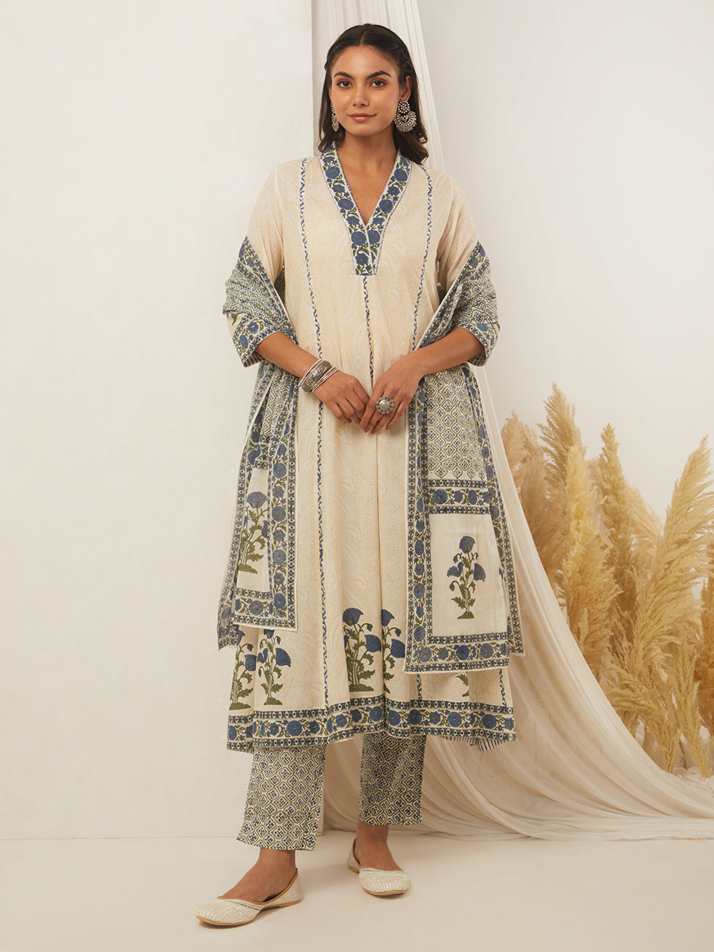 Off-White Blue Hand Block Printed Cotton Anarkali V-Neck Suit