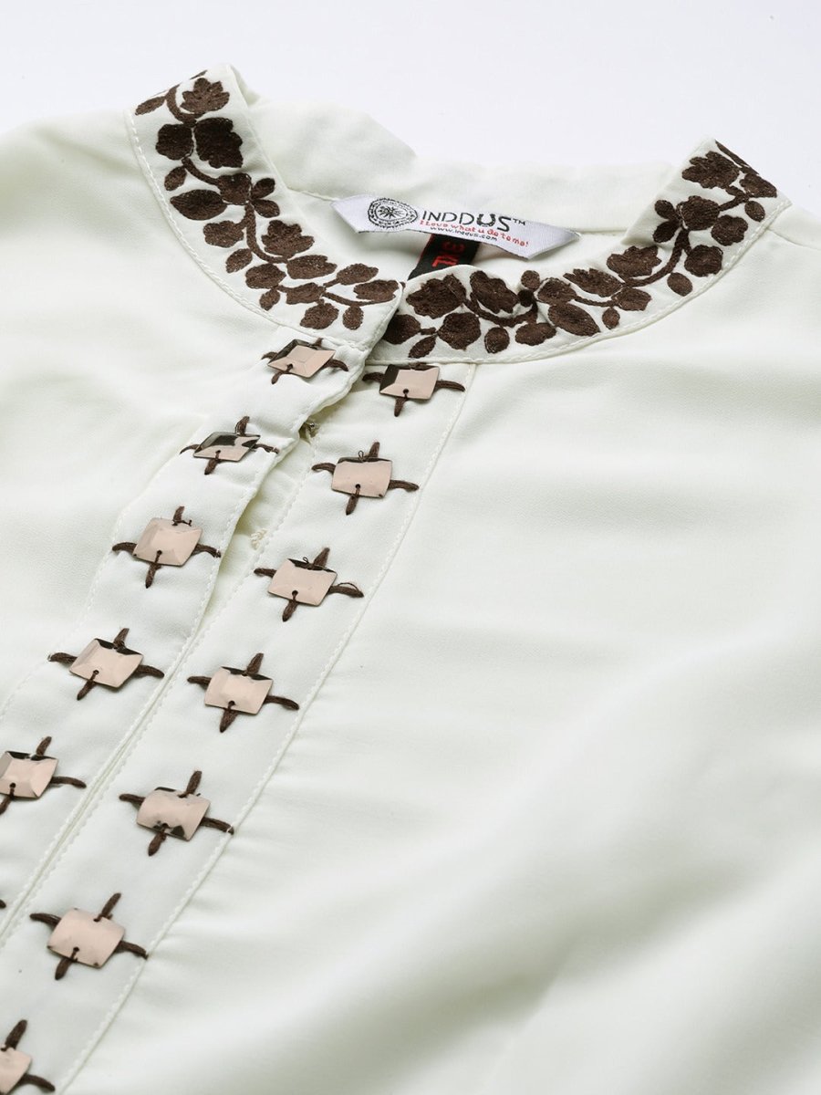 Off White Floral Print Georgette Ethnic Maxi Dress - Inddus.com