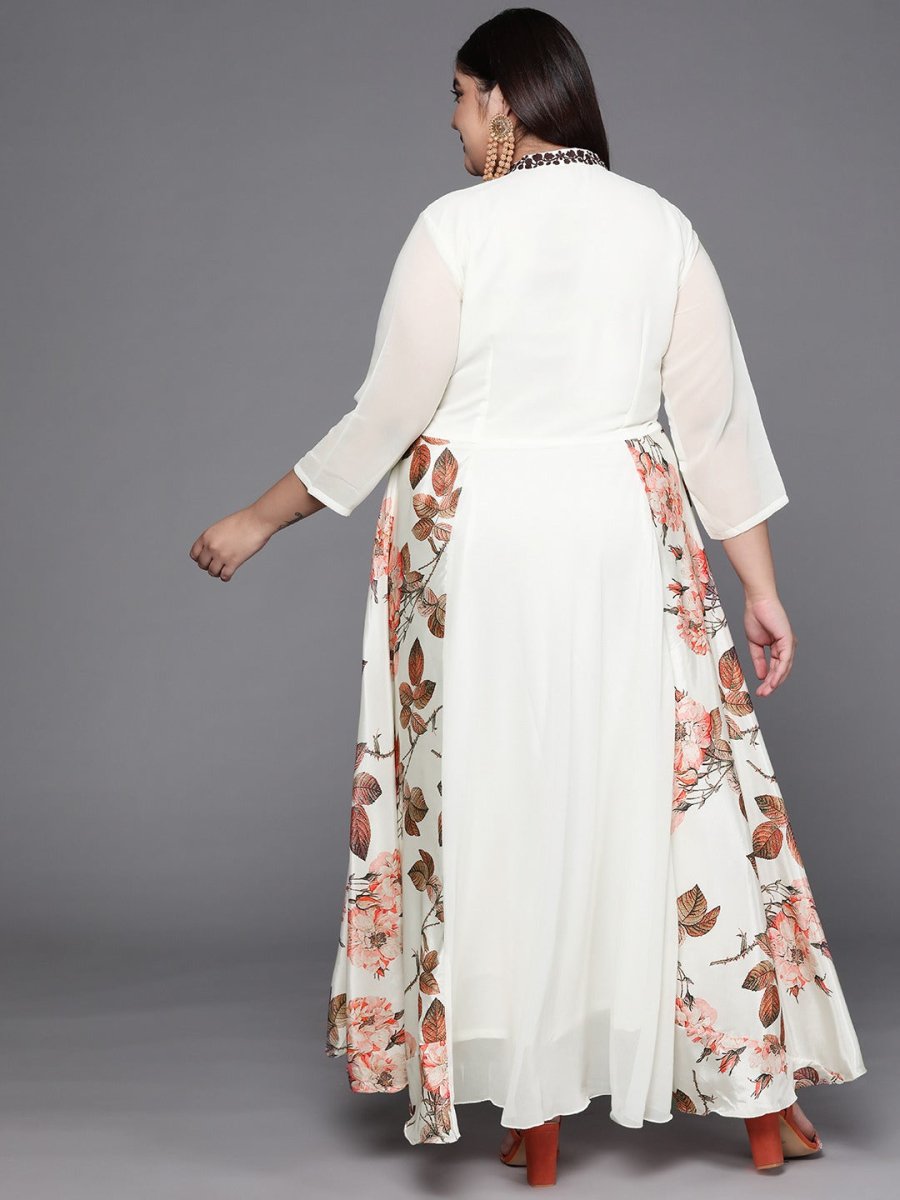 Off White Floral Print Georgette Ethnic Maxi Dress - Inddus.com