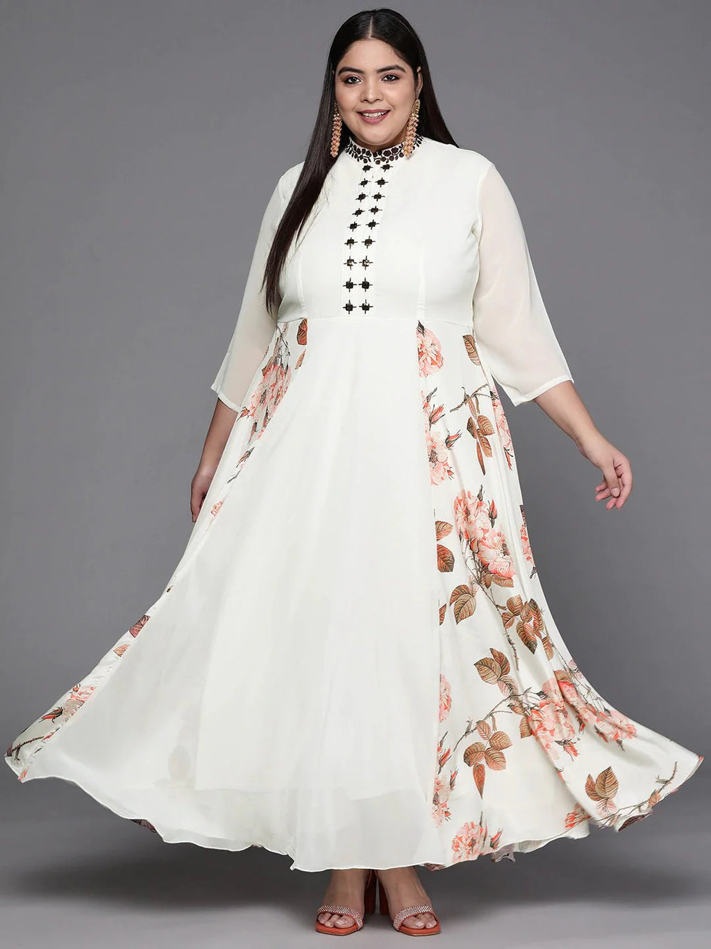 Off White Floral Print Georgette Ethnic Maxi Dress - Inddus.com