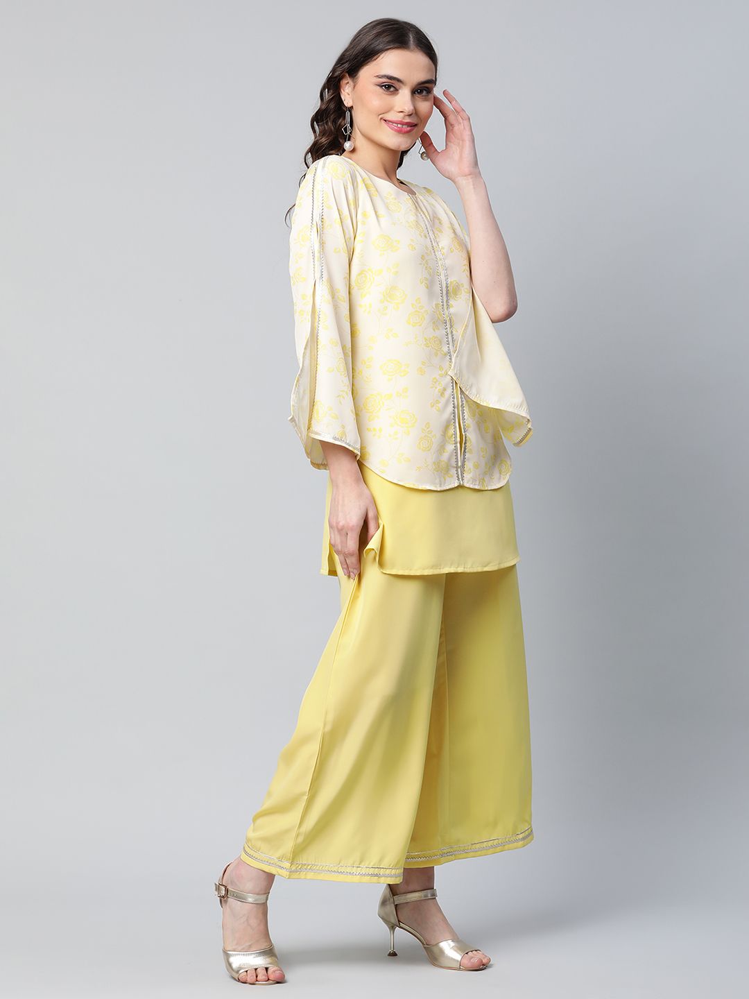 Yellow Crepe Printed Top Palazzo Set