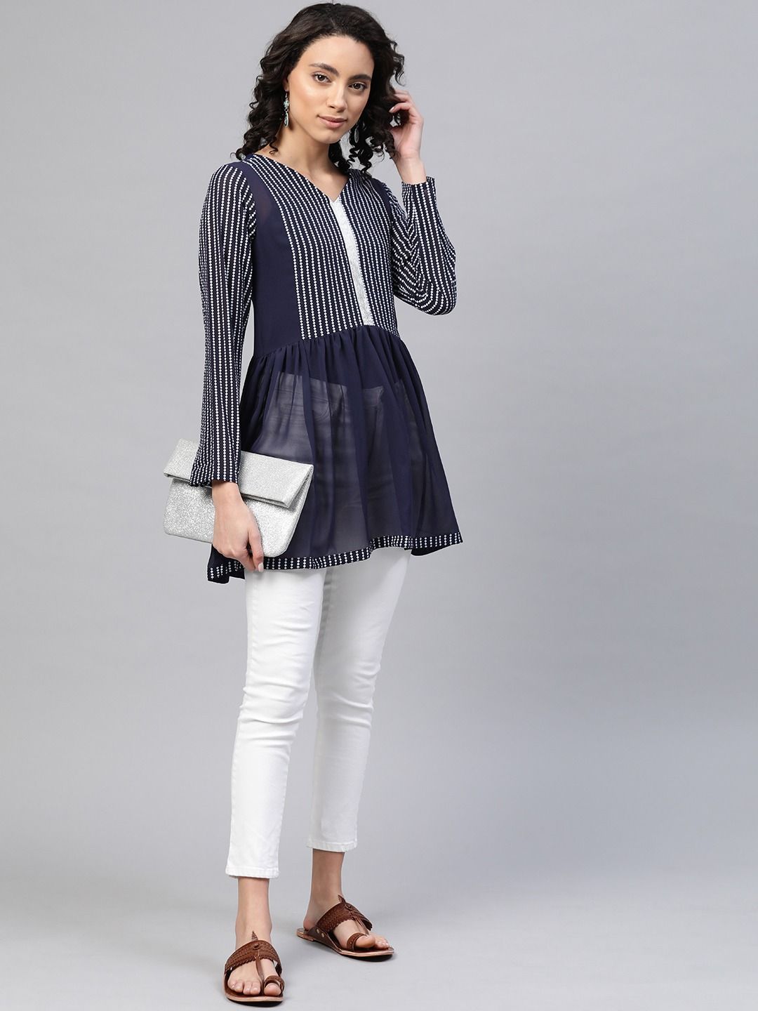 Navy Blue Georgette Khari Print Tunic