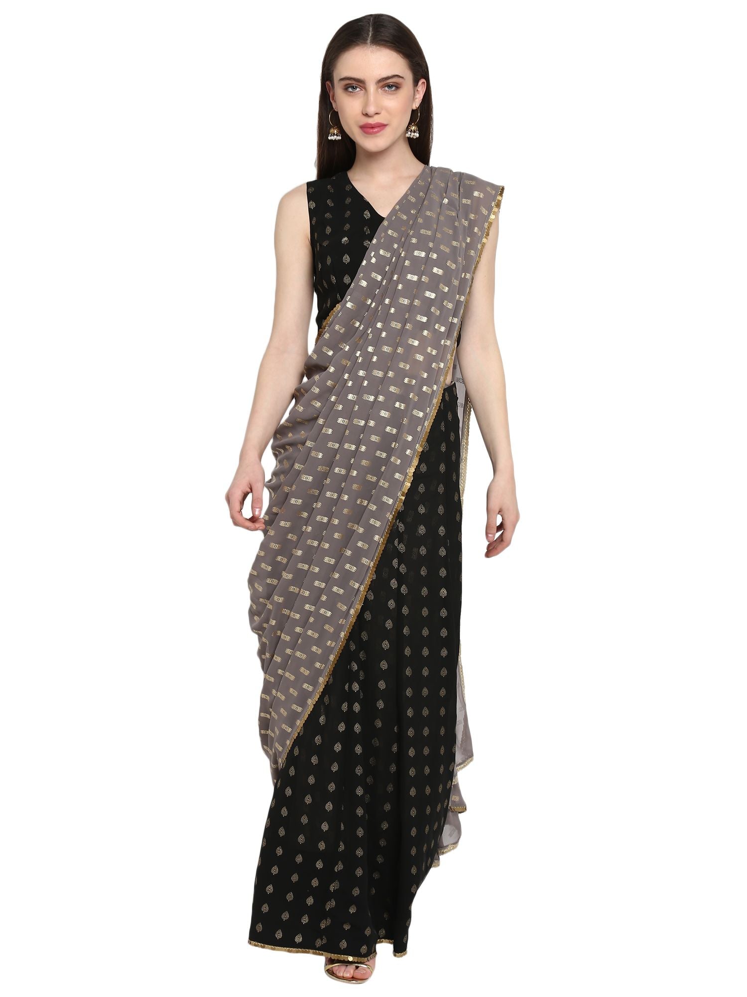 Black Georgette Foil Print Ready to Wear Saree