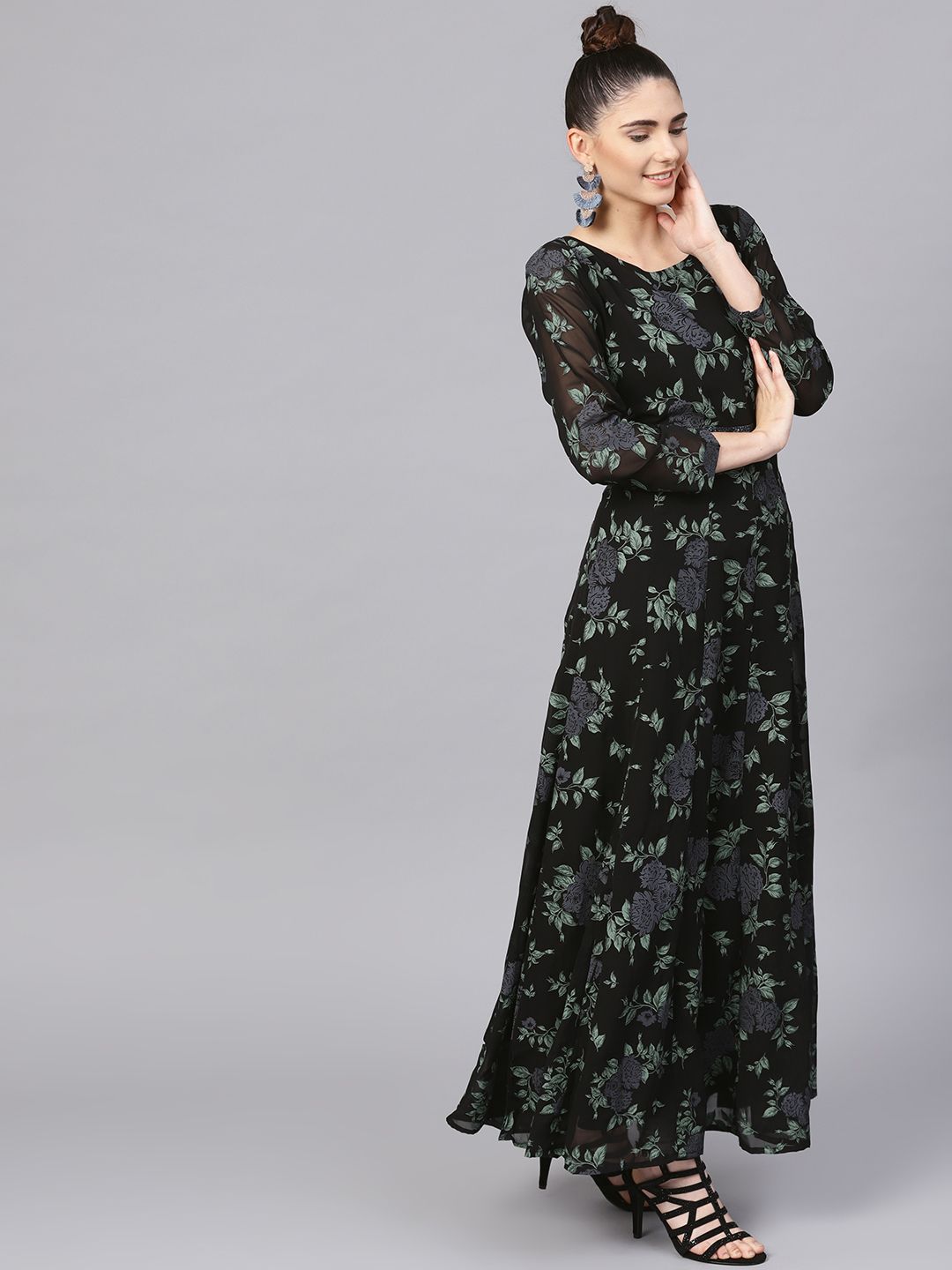 Black Printed Georgette Anarkali Kurta With Dupatta