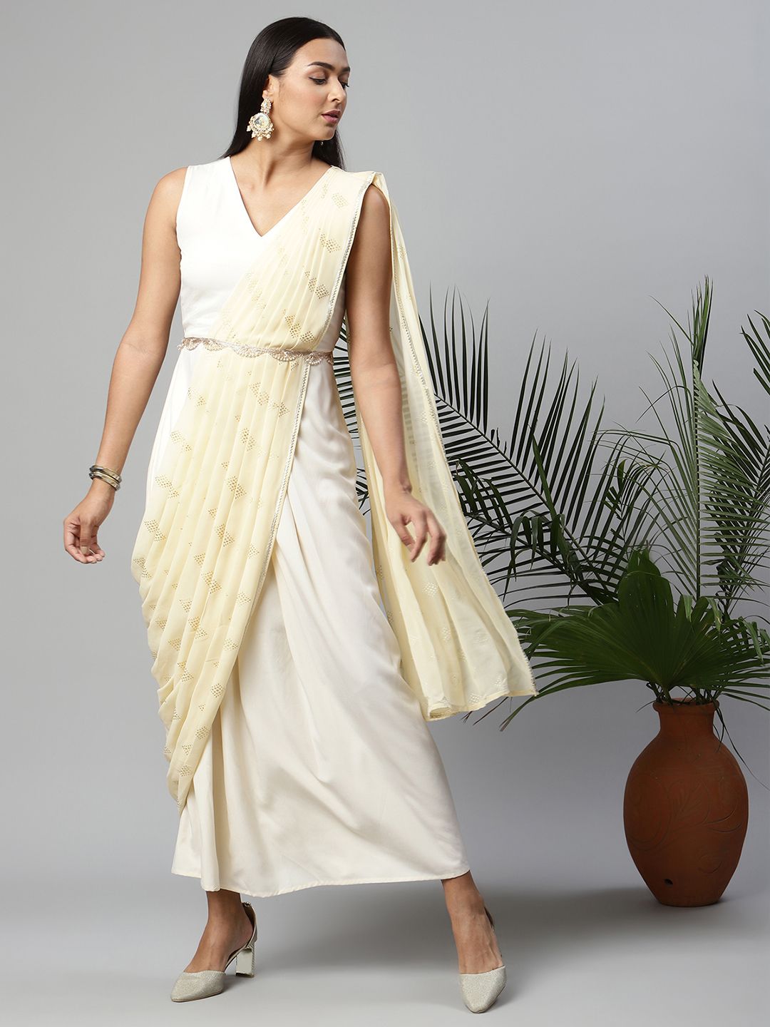 Off White Georgette Saree Dress With Printed Pallu