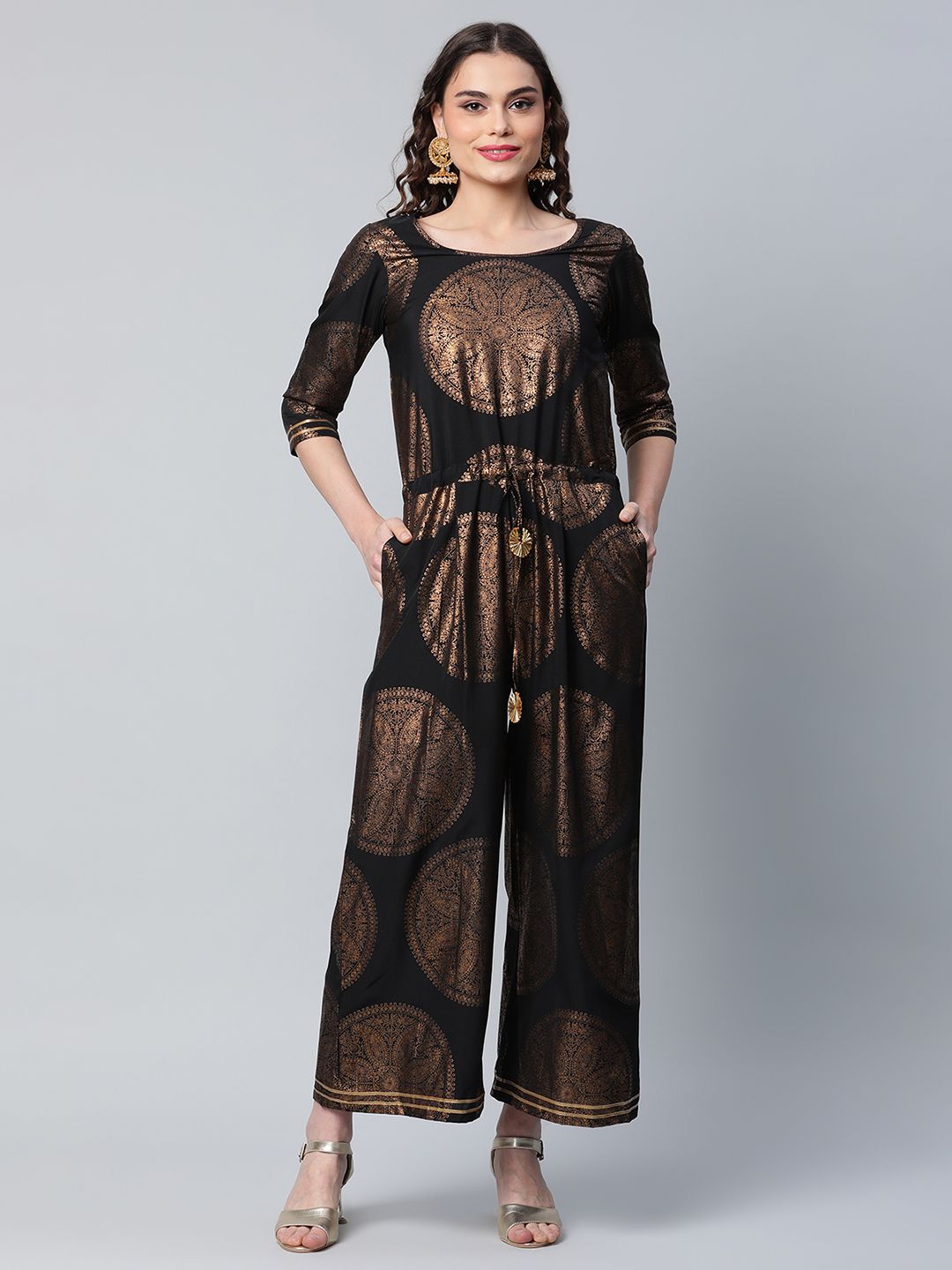 Black Crepe Copper Foil Printed Jumpsuit