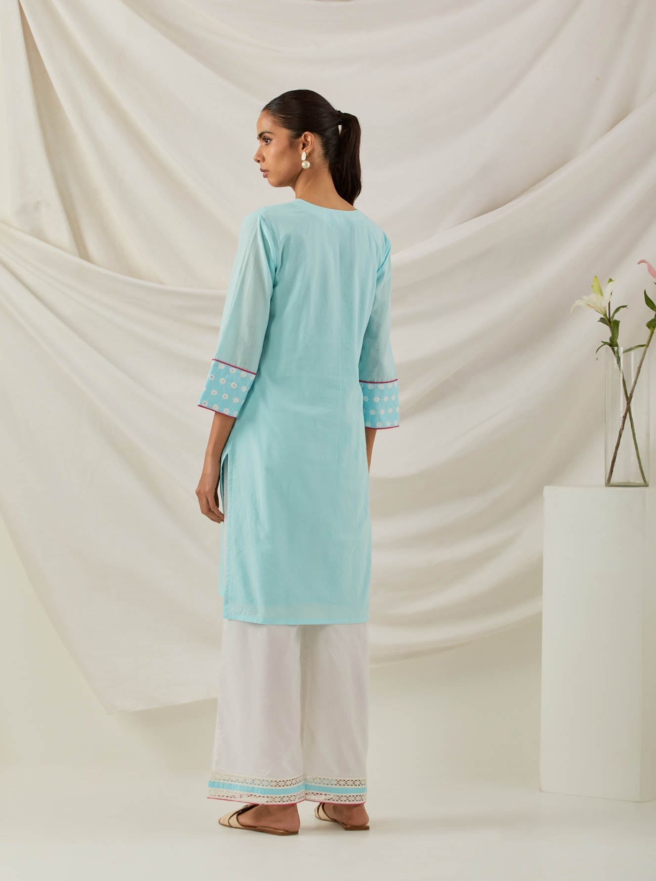 Blue Plain Kali Short Kurta With Chikankari Detail and Palazzo with lace detail & Dupatta (Set of 3)