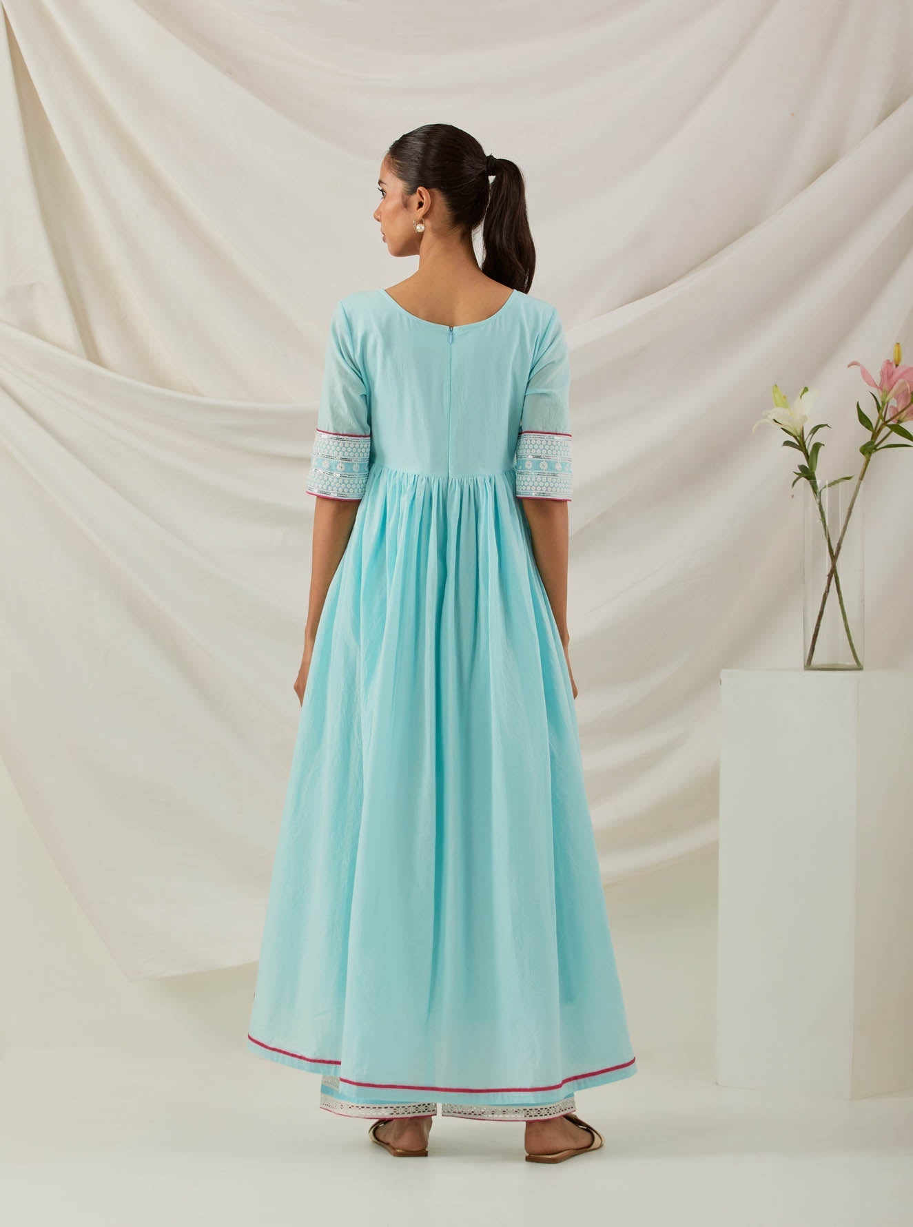 Blue Plain Markab Anarkali Kurta With Chikankari Border