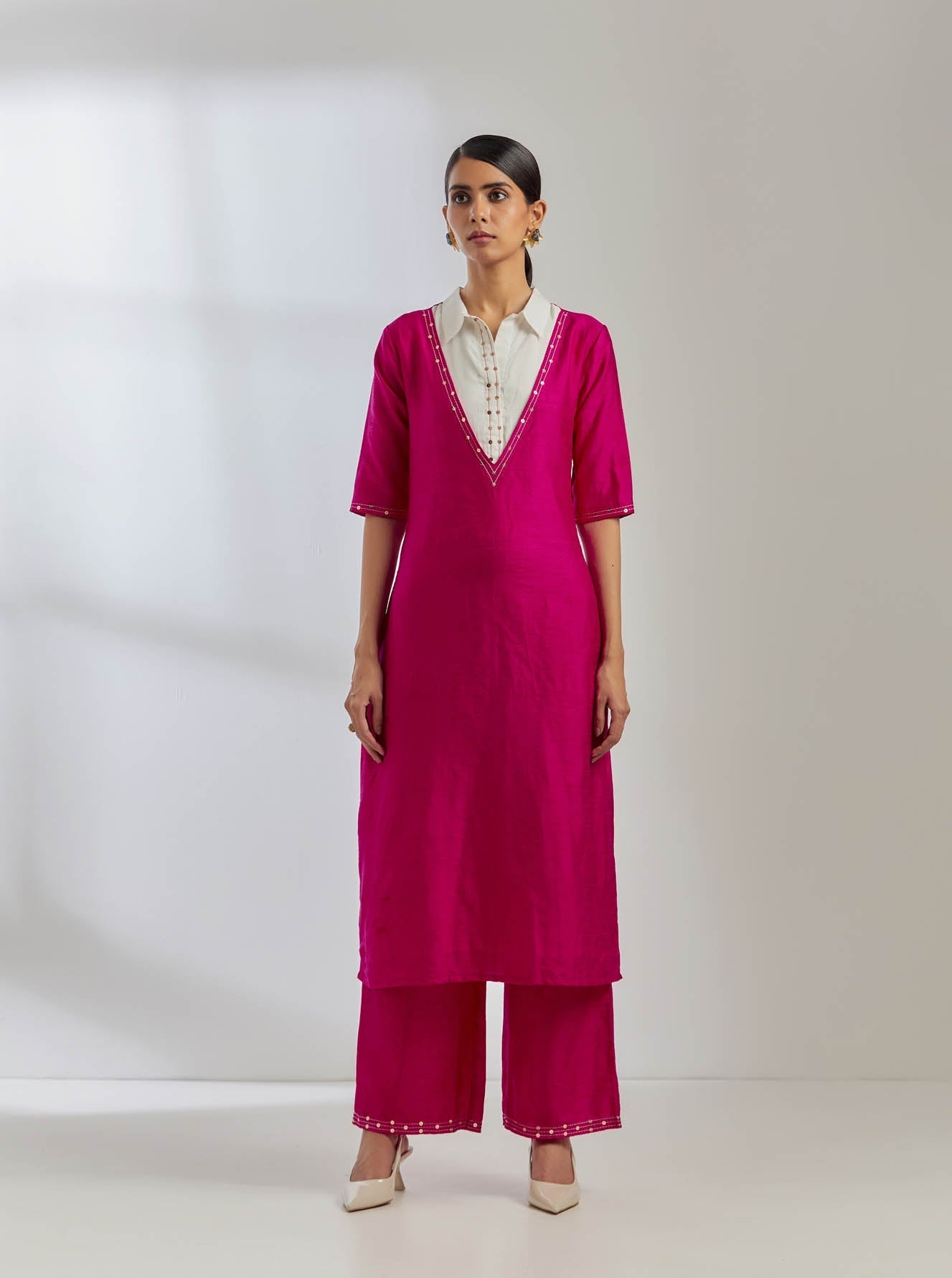 Pink Raw Silk Collared Kurta