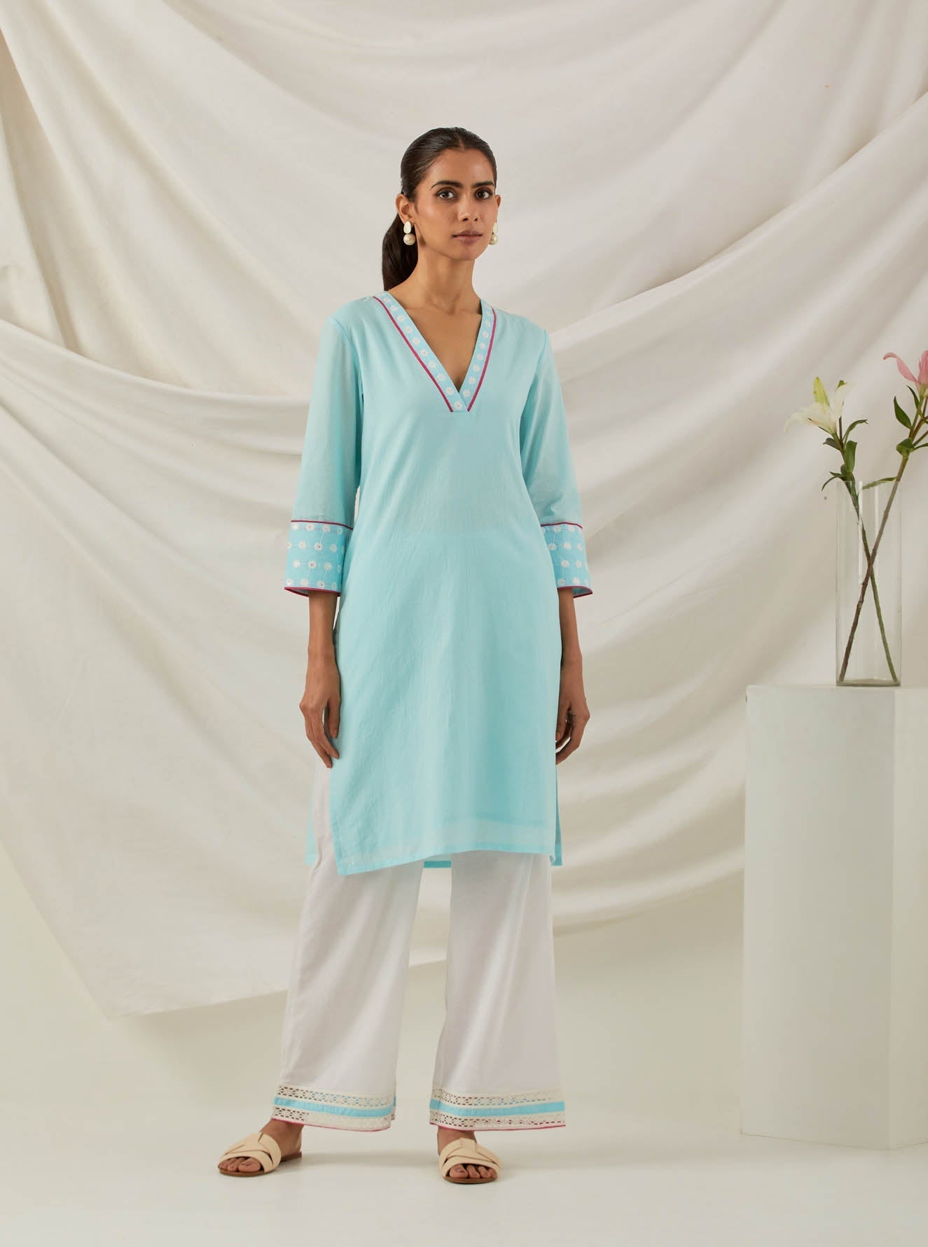Blue Plain Kali Short Kurta With Chikankari Detail and Palazzo with lace detail & Dupatta (Set of 3)