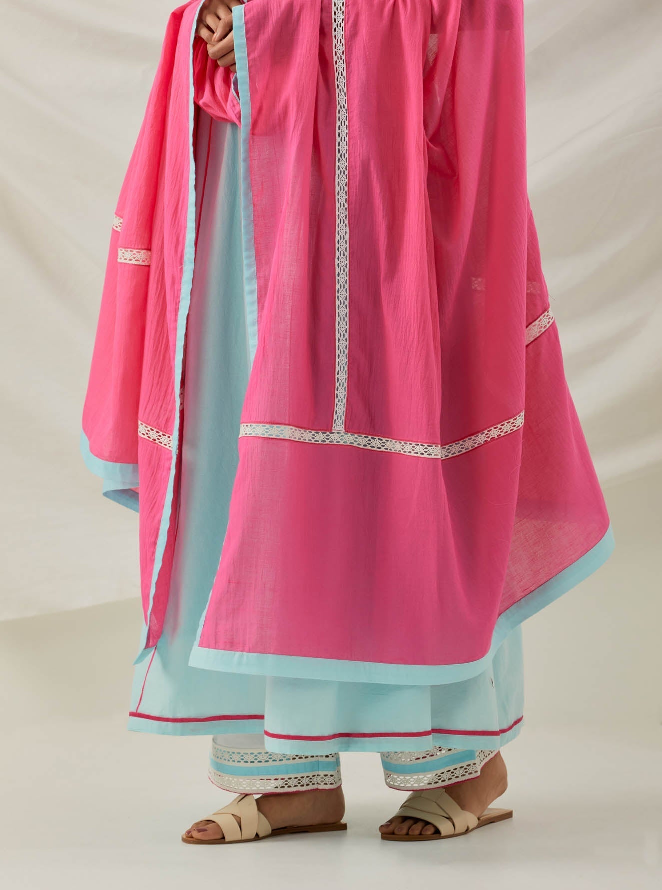 Blue Plain Kali Short Kurta With Chikankari Detail and Palazzo with lace detail & Dupatta (Set of 3)