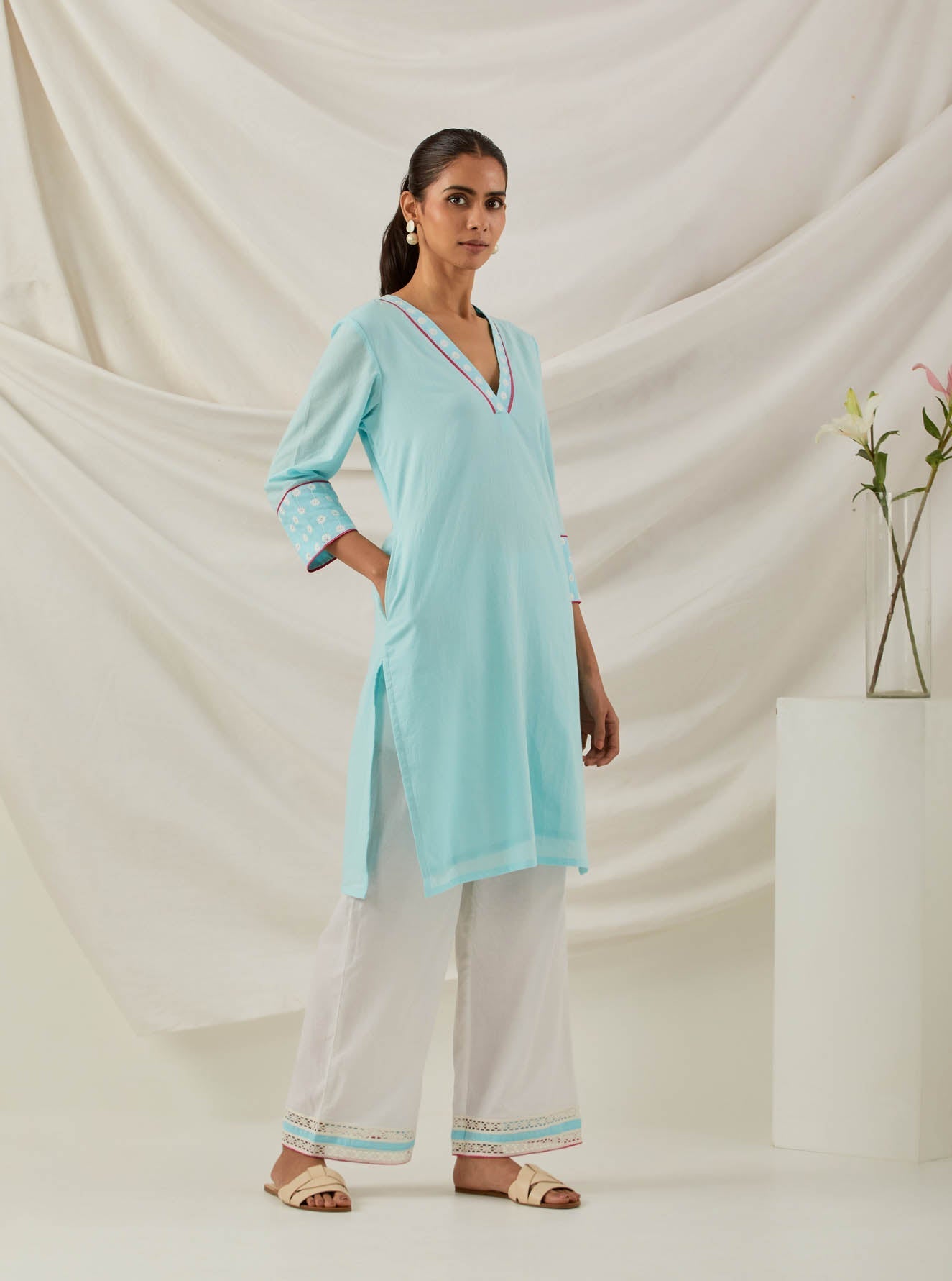 Blue Plain Kali Short Kurta With Chikankari Detail and Palazzo with lace detail & Dupatta (Set of 3)