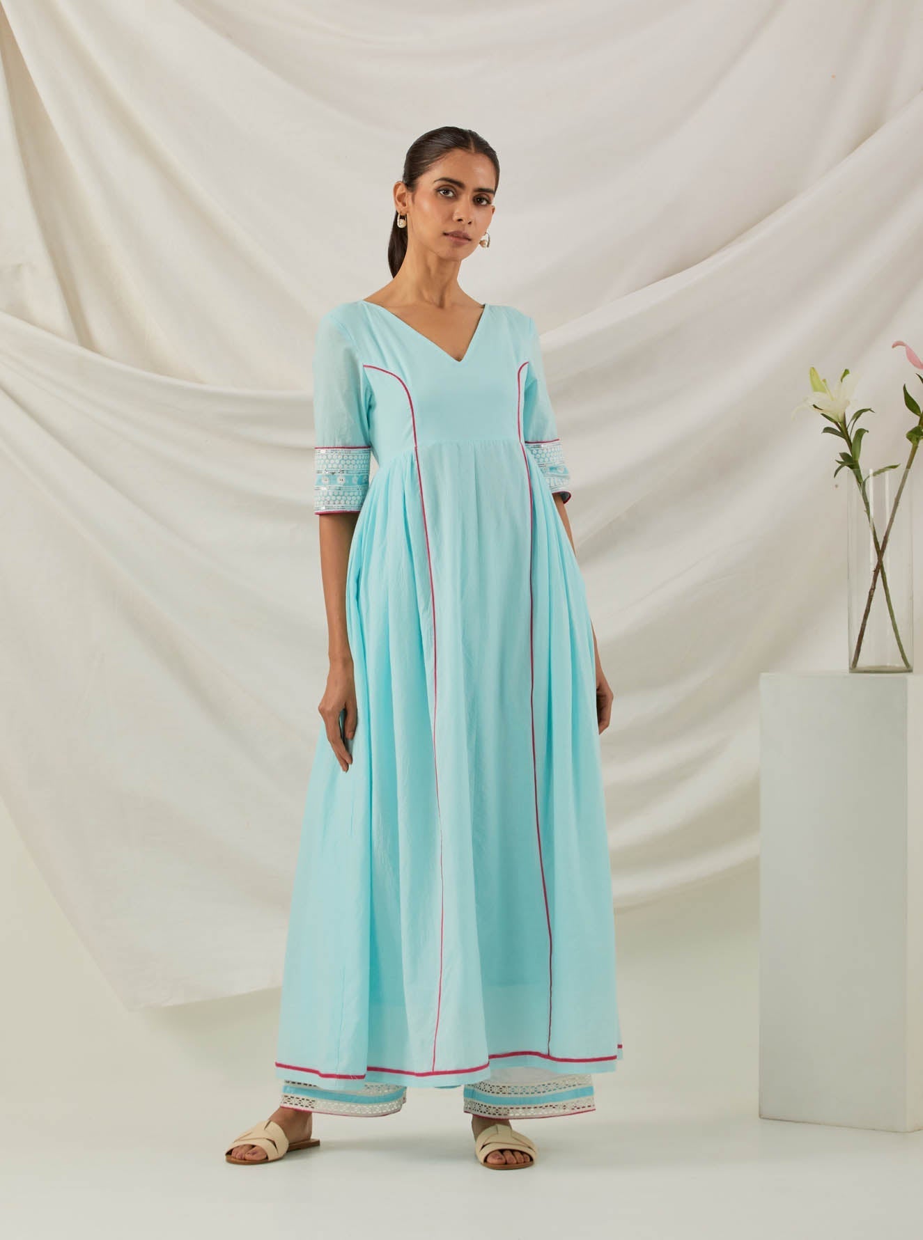 Blue Plain Markab Anarkali Kurta With Chikankari Border