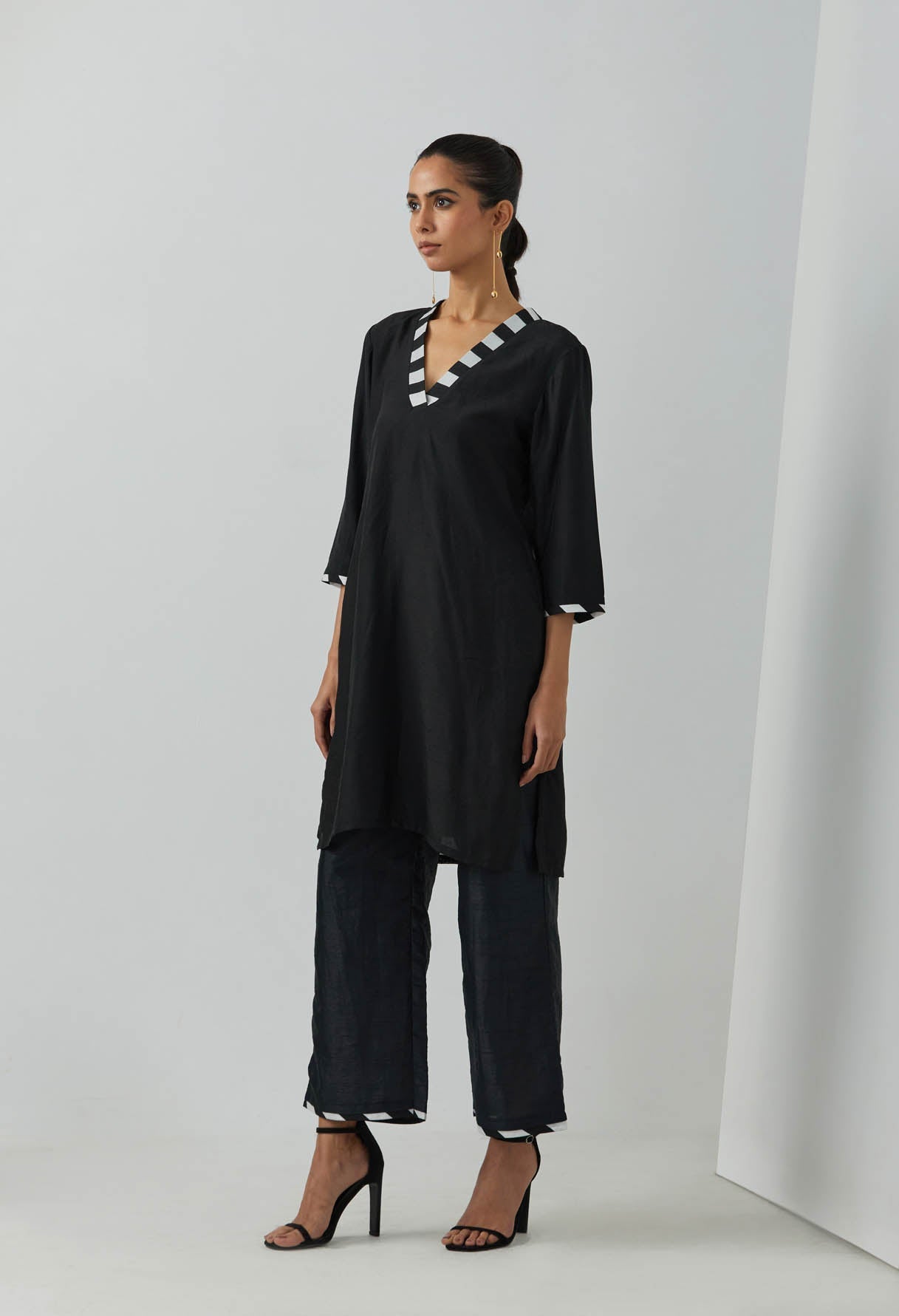 Black Chanderi Kali Short Kurta With Palazzo (Set Of 2)