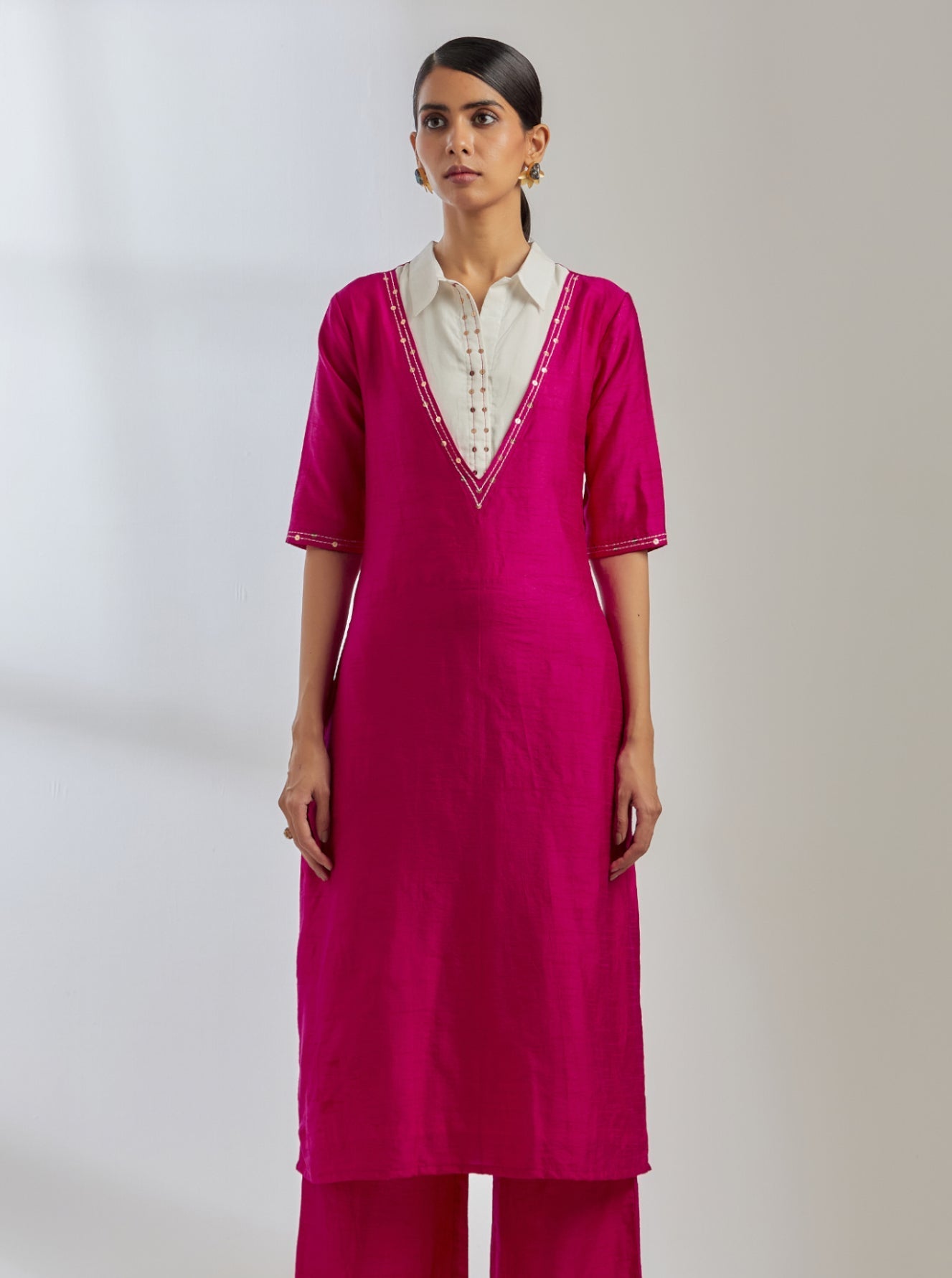 Pink Raw Silk Collared Kurta