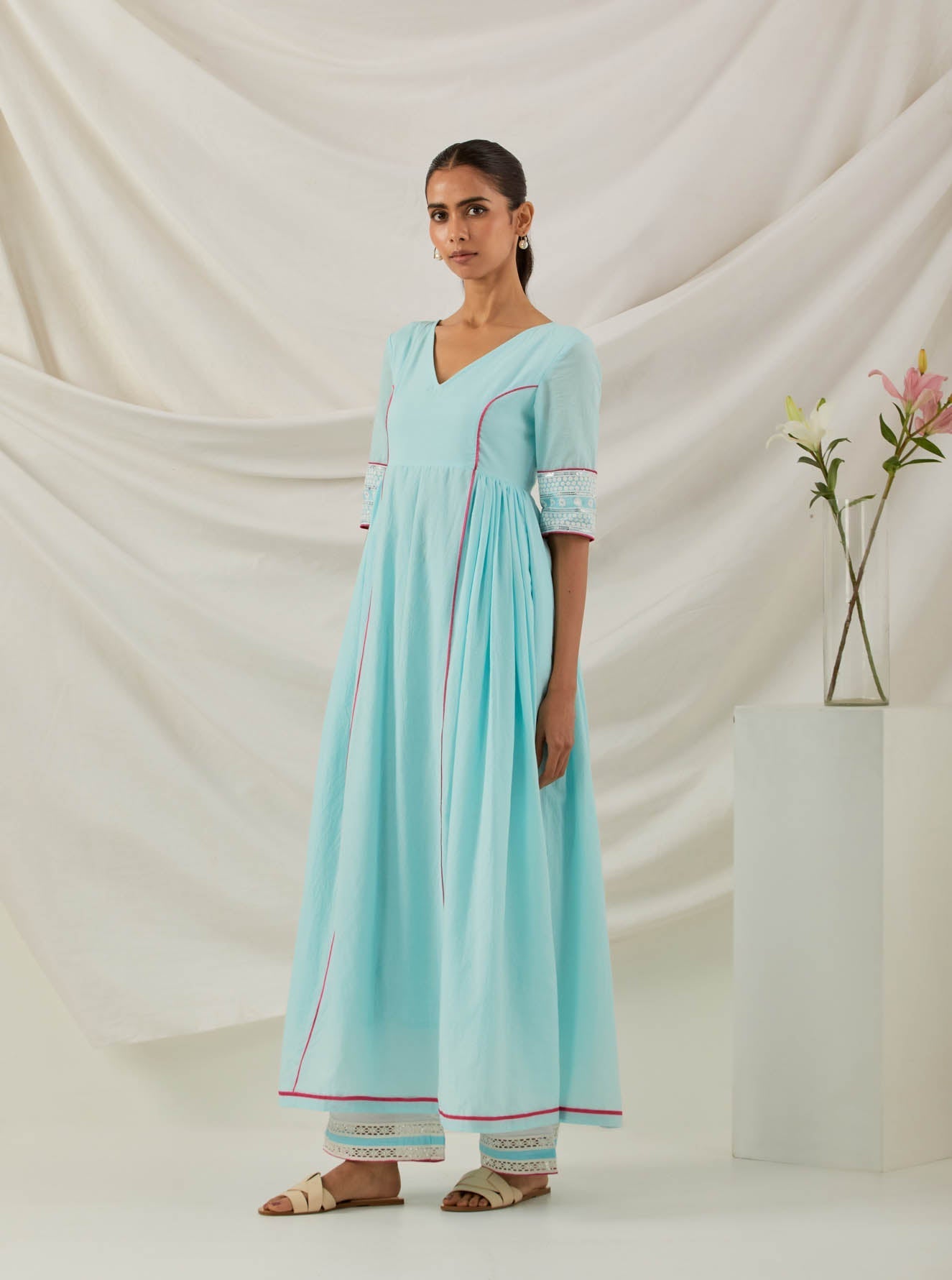 Blue Plain Markab Anarkali Kurta With Chikankari Border