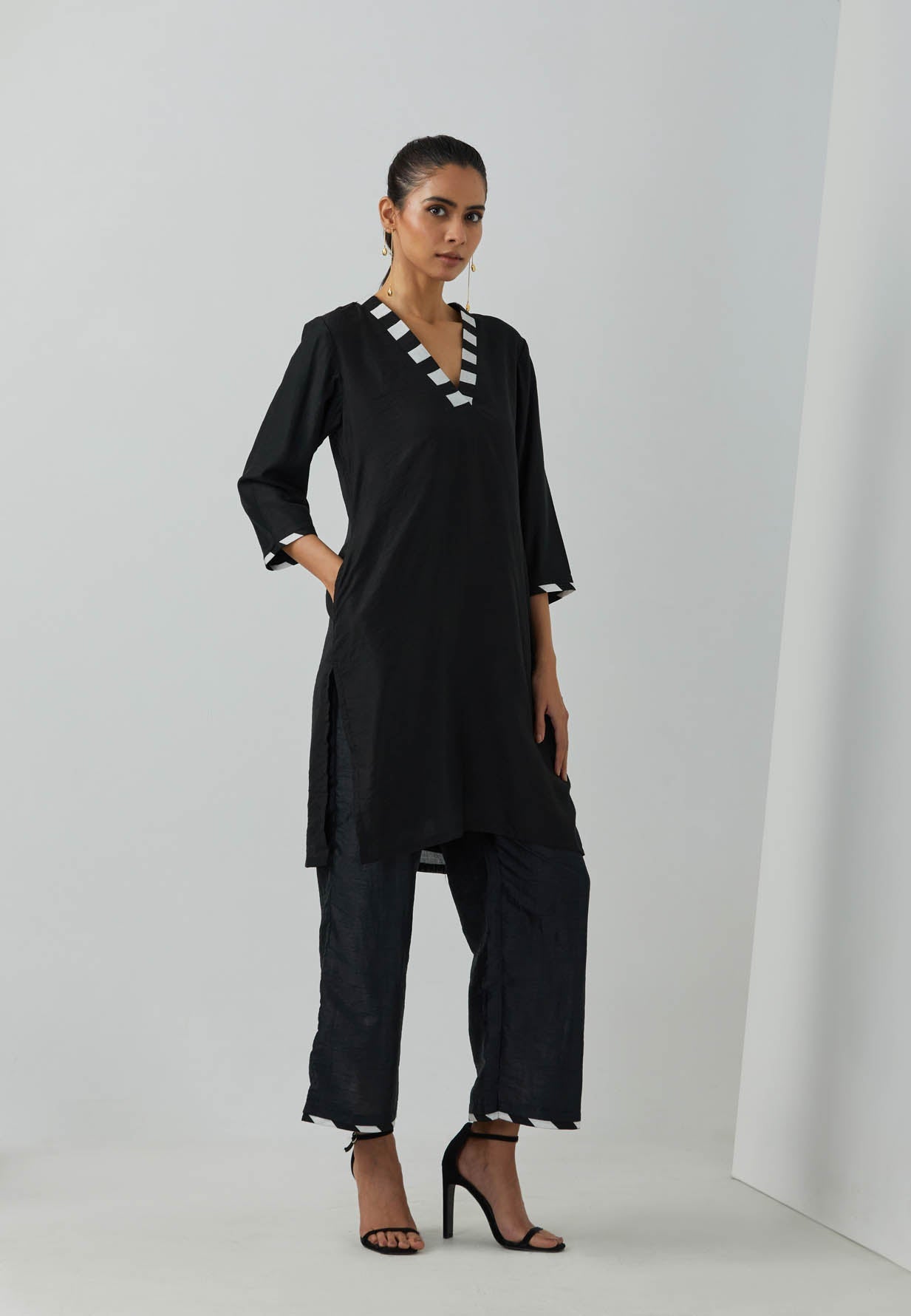 Black Chanderi Kali Short Kurta With Palazzo (Set Of 2)