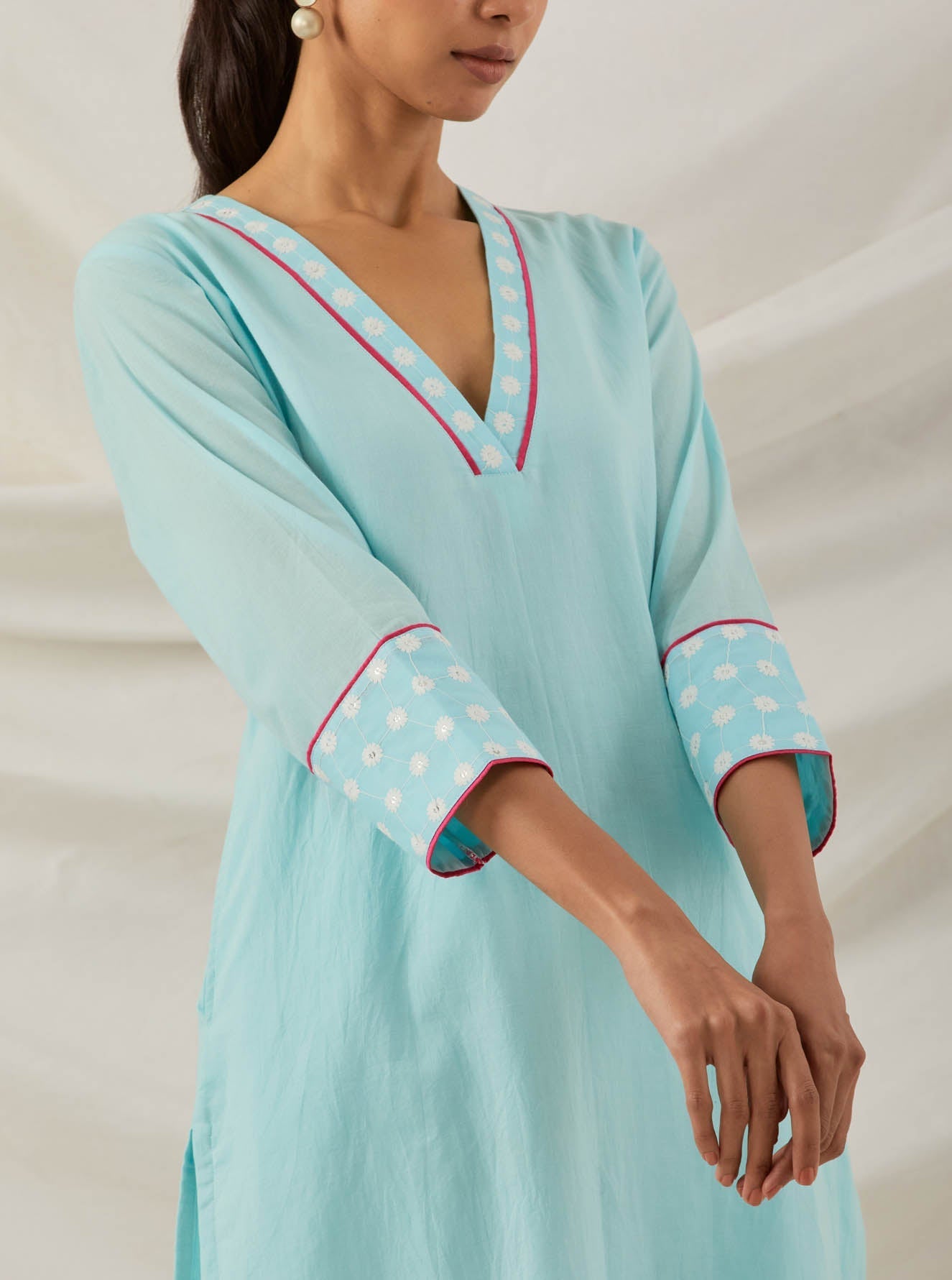 Blue Plain Kali Short Kurta With Chikankari Detail and Palazzo with lace detail & Dupatta (Set of 3)