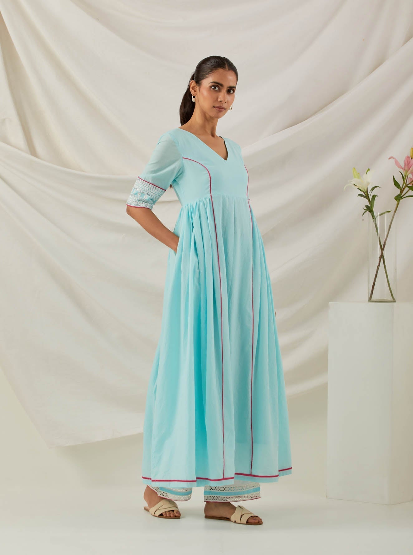 Blue Plain Markab Anarkali Kurta With Chikankari Border